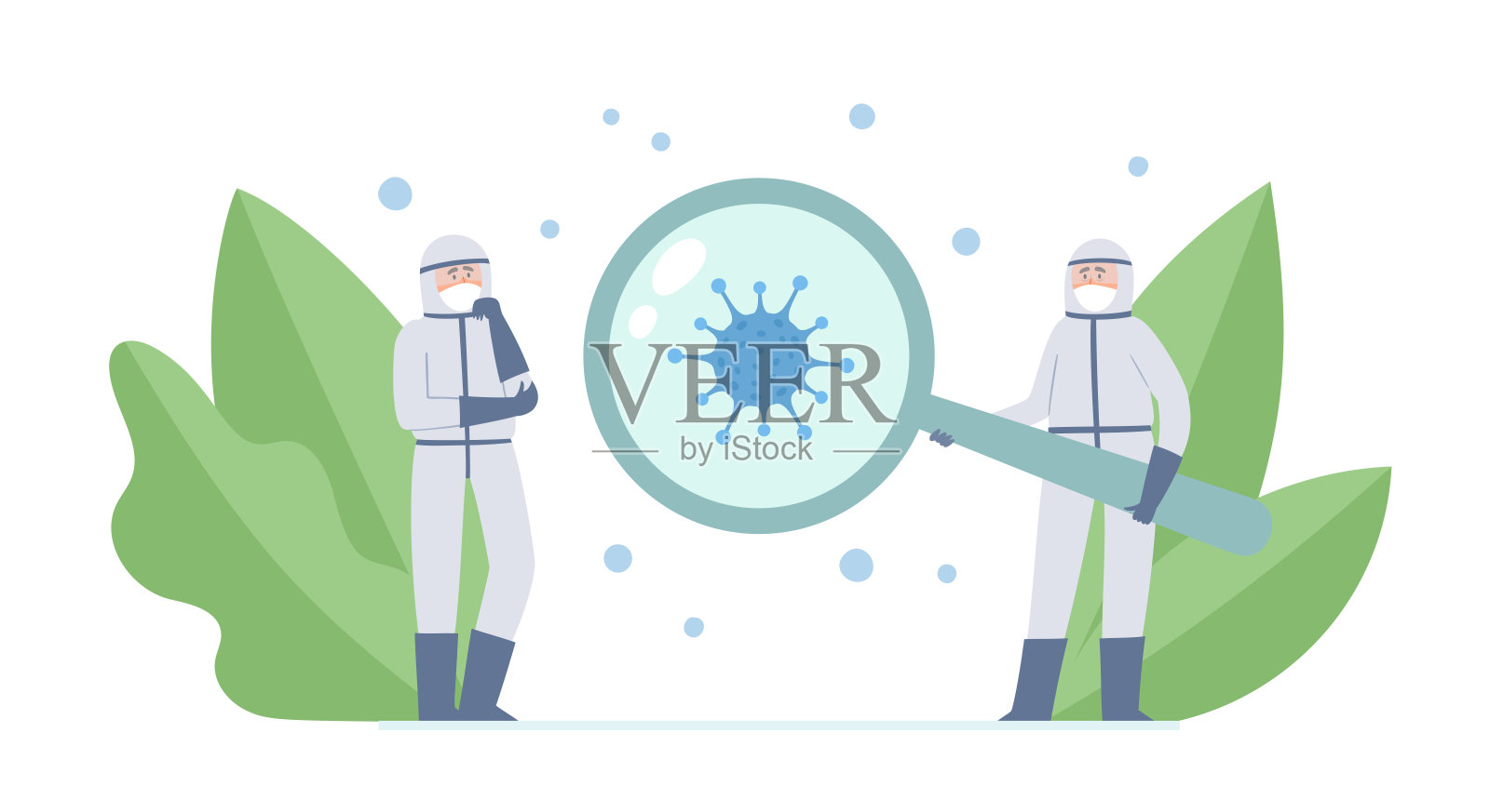 两名医生-科学家和大冠状病毒隔离在白色。插画图片素材