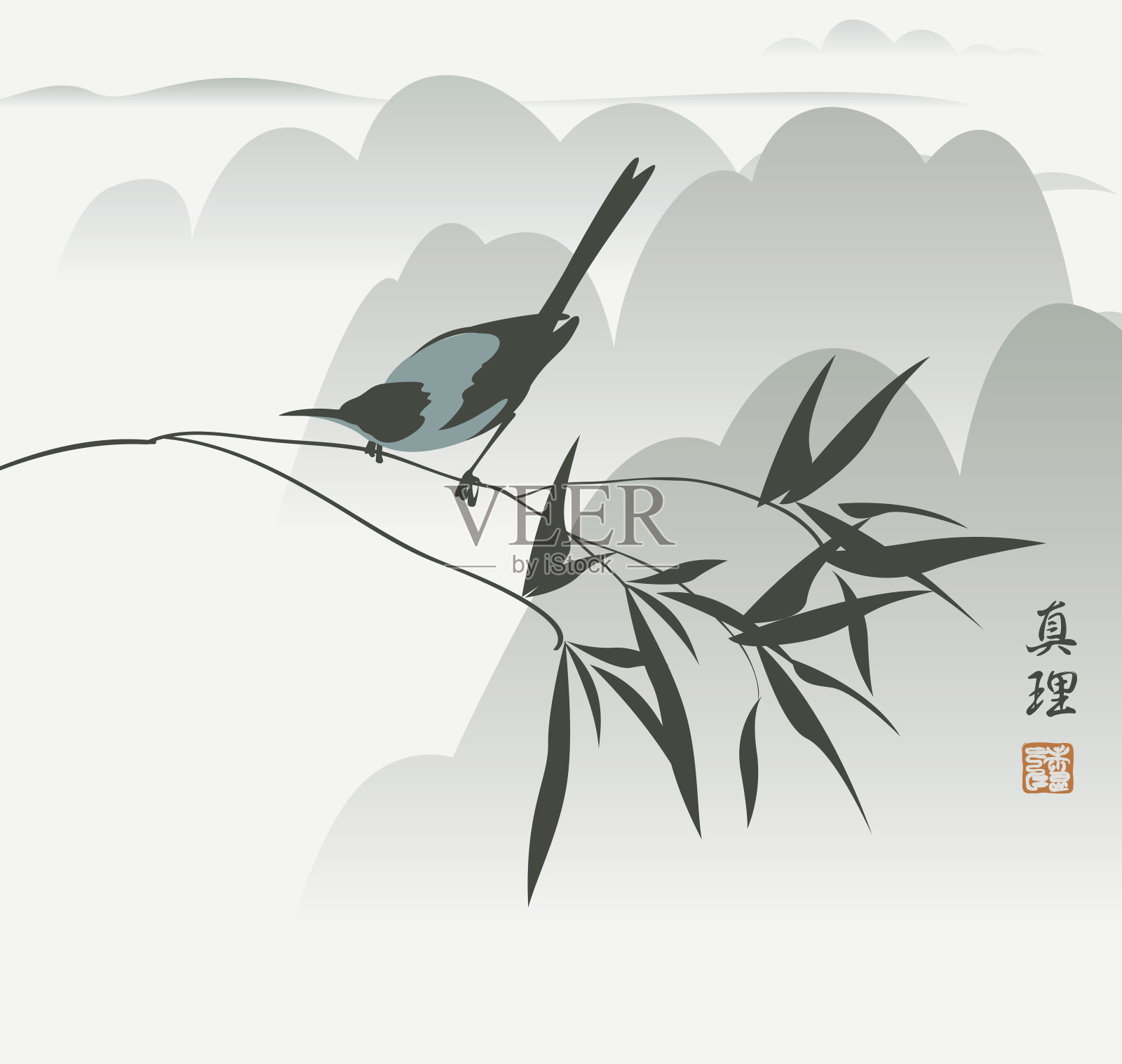 中国山地景观以喜鹊为枝插画图片素材