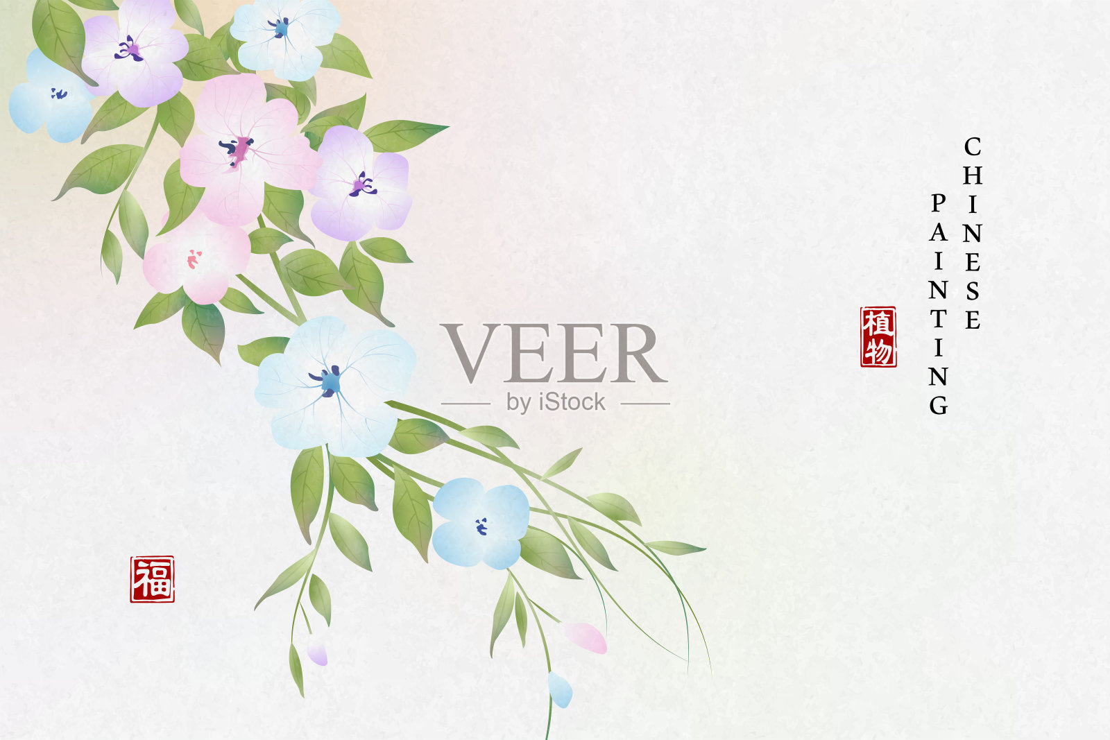 中国水墨画艺术背景植物优雅的花藤。中文翻译:植物和祝福。插画图片素材