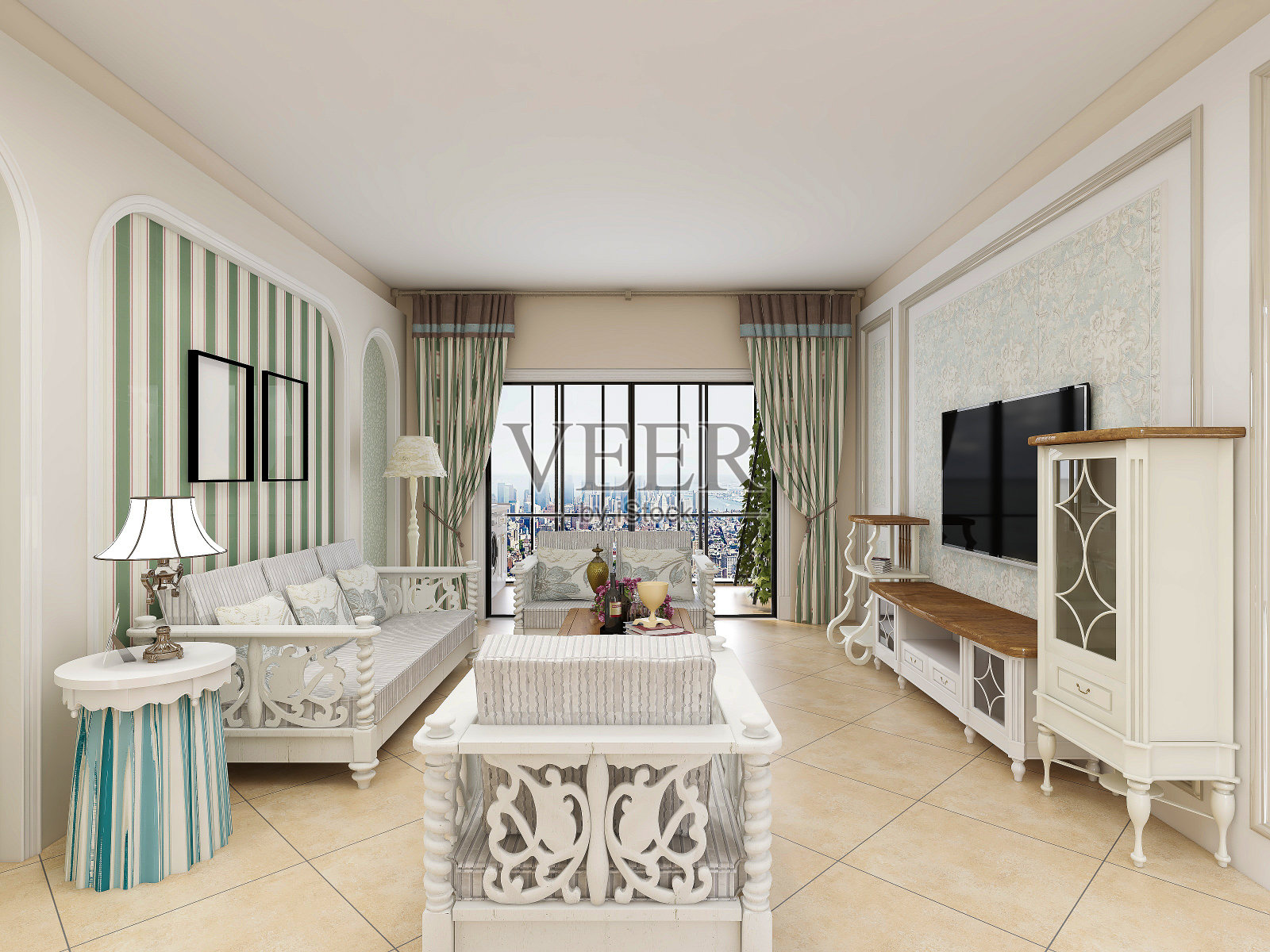 3d效果图，欧式风格的客厅，沙发和茶几，桌子上有绿色植物。照片摄影图片