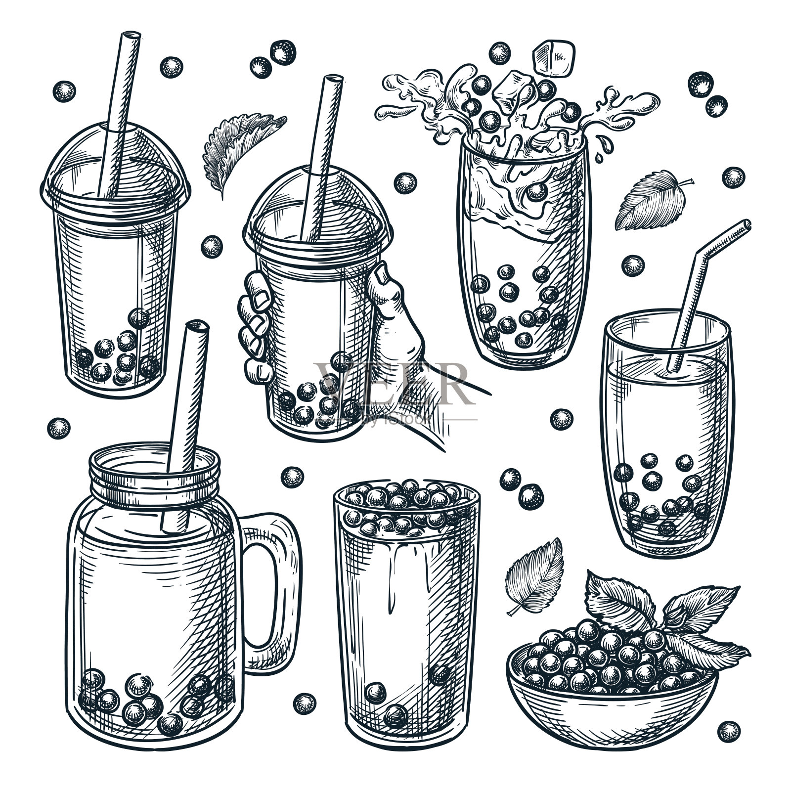 气泡冰茶饮料套装。夏季亚洲甜饮料与木薯珍珠。矢量手绘草图插图插画图片素材