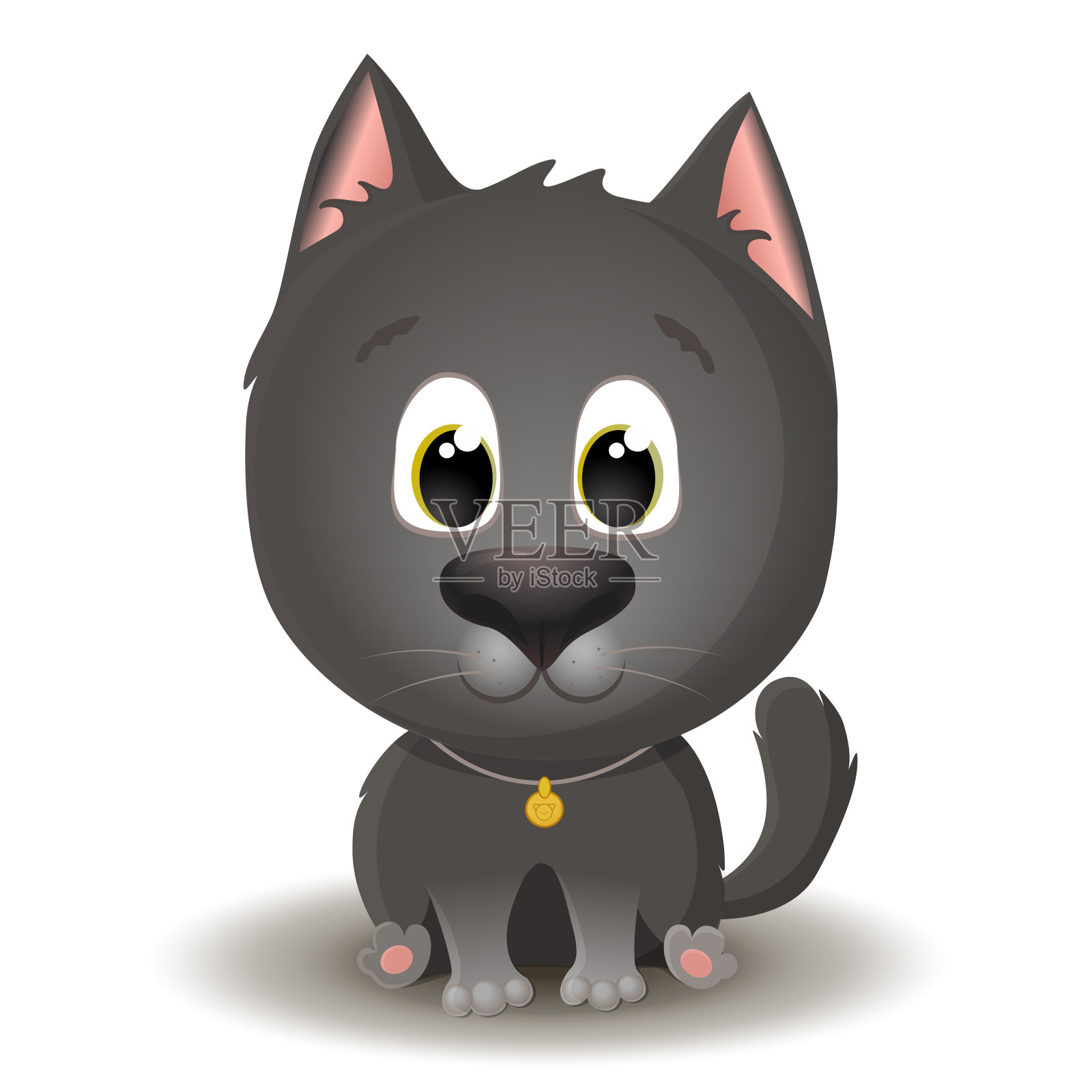 向量可爱的大眼睛黑猫卡通风格。扁平的人物插图孤立在白色背景上设计元素图片
