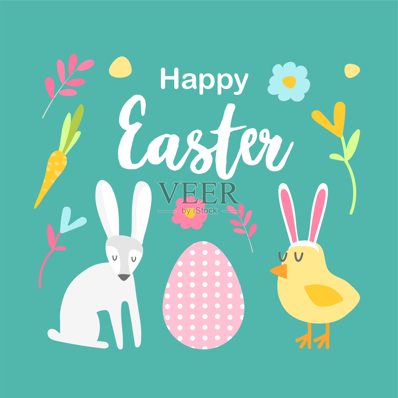 兔子，兔耳鸡，粉红色的圆点和字母复活节快乐的绿色背景。可爱的方形手绘扁平明信片。复活节的礼物消息。插画图片素材