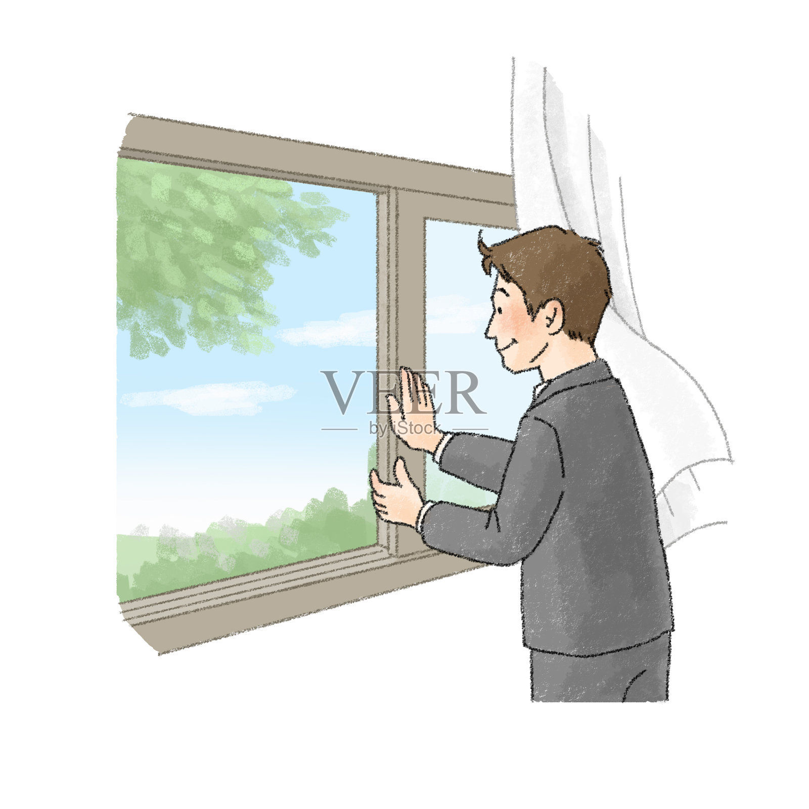 一个人打开窗户和通风的插图(男性办公室职员)插画图片素材