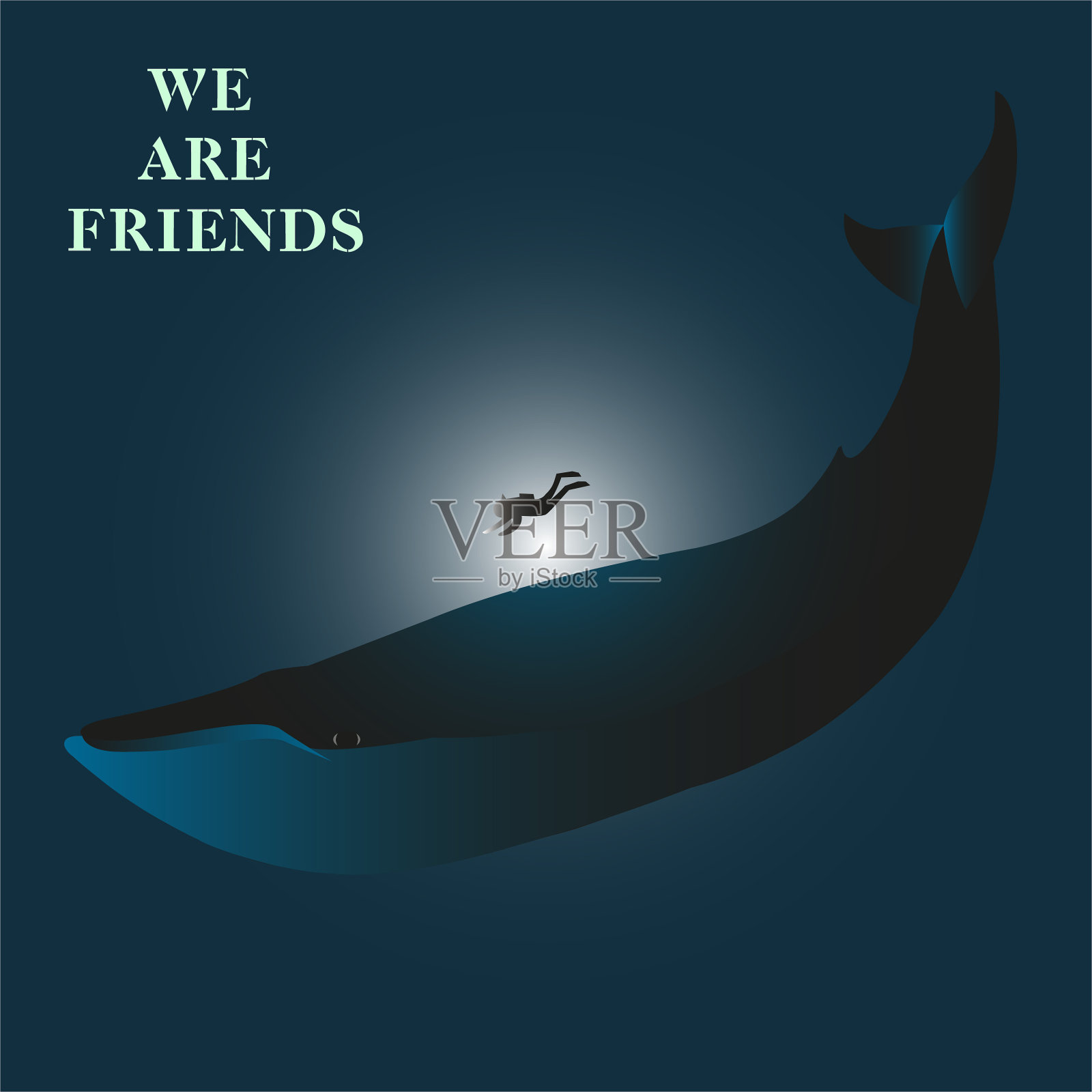 我们是朋友-现代字母。人类和蓝鲸之间的友谊。让我们和平相处。设计元素图片
