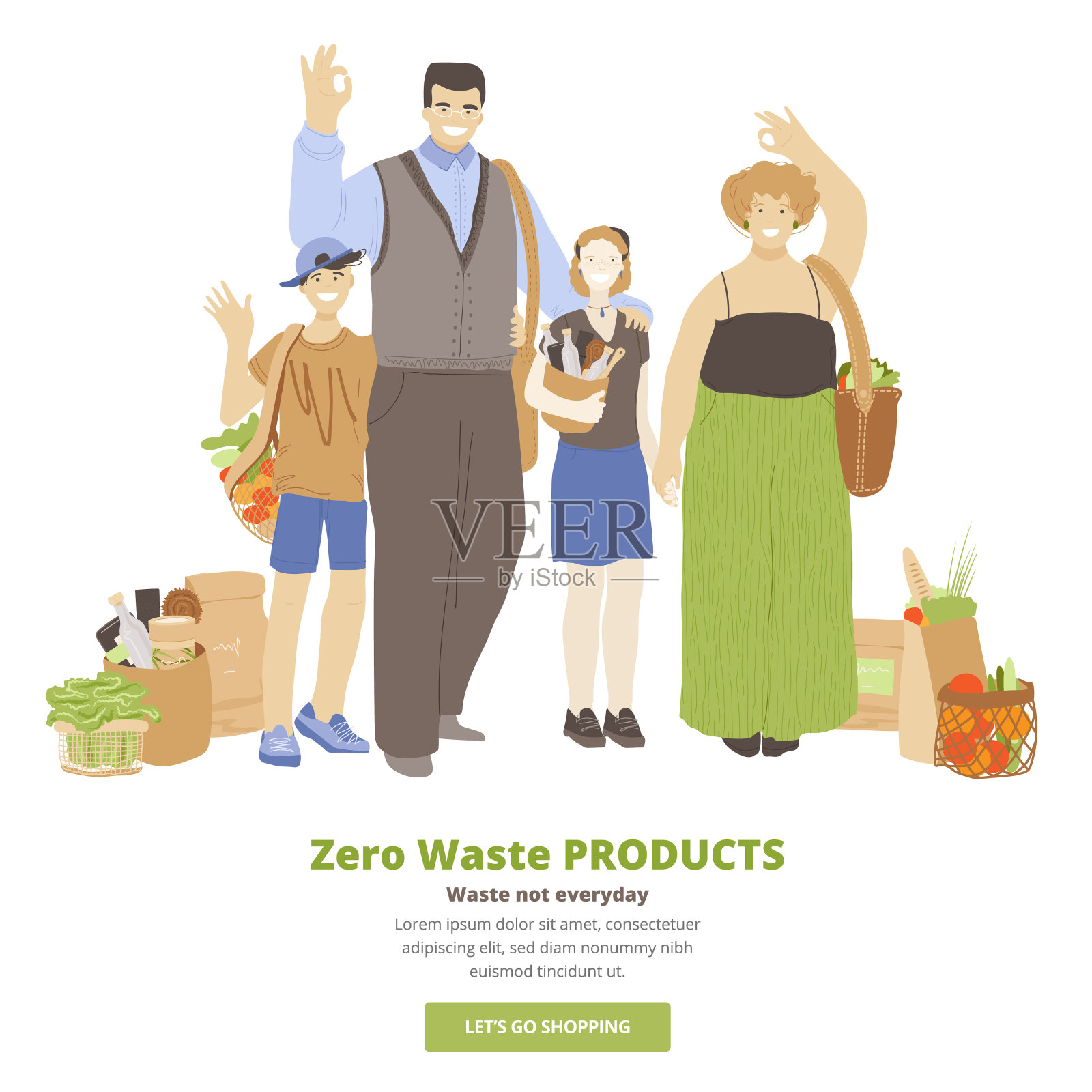 矢量插画的幸福家庭的男人，女人和两个孩子，拥抱，挥手，显示OK标志，拿着零废弃生态产品在可重复使用的袋子。生态家庭概念设计元素图片