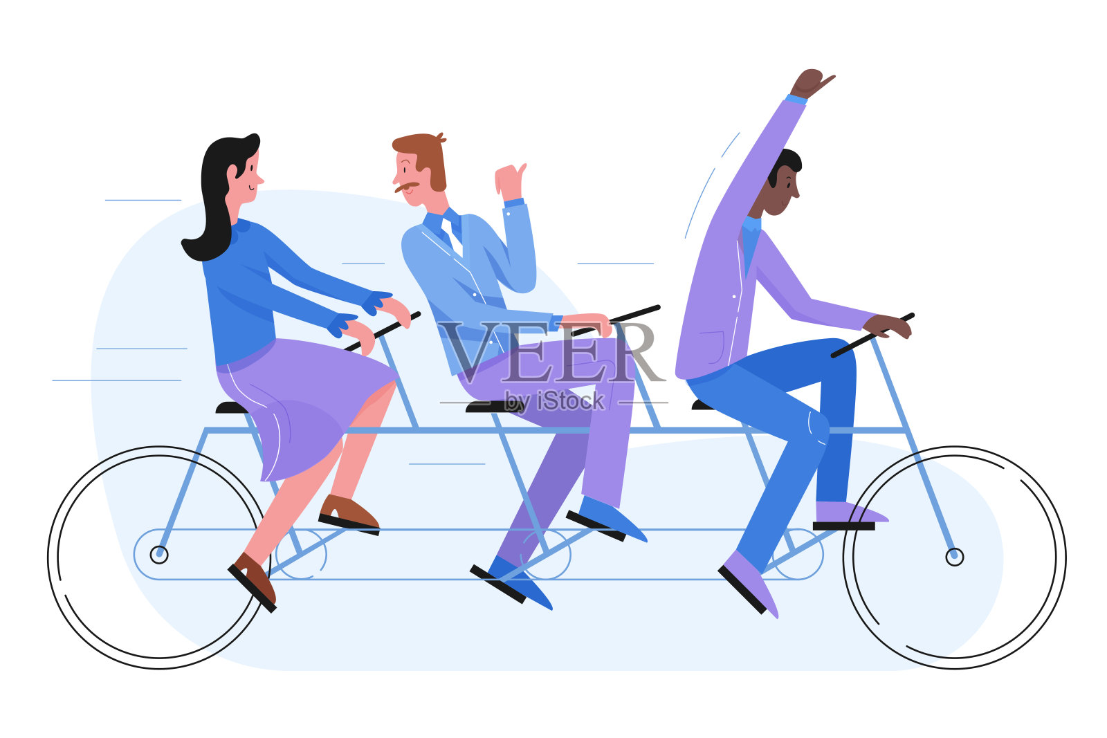三地自行车串连为团队符号平面字符矢量说明概念插画图片素材