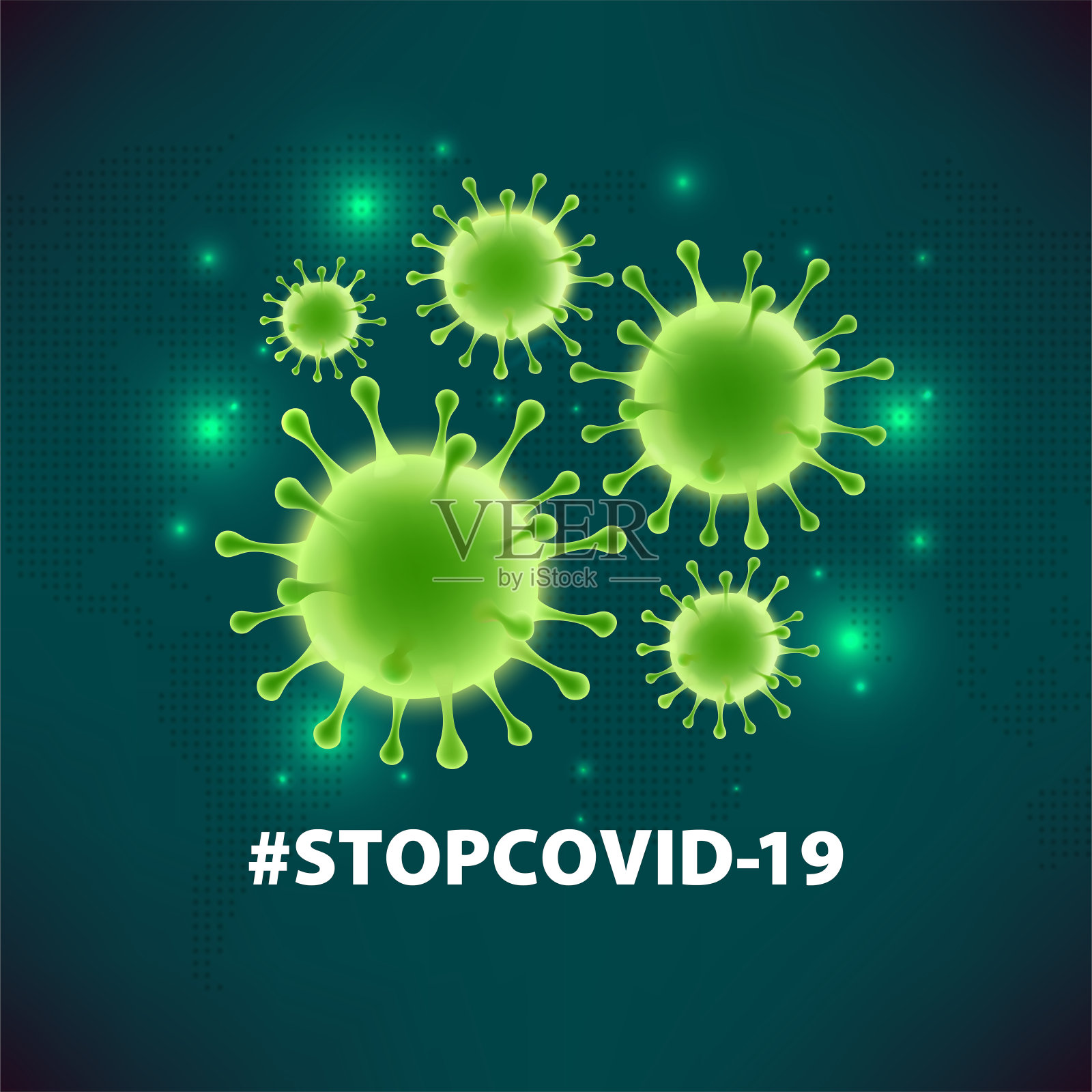 绿色背景上的载体病毒贴纸。人体健康，细菌，微生物，病毒细胞。新型冠状病毒肺炎插画图片素材