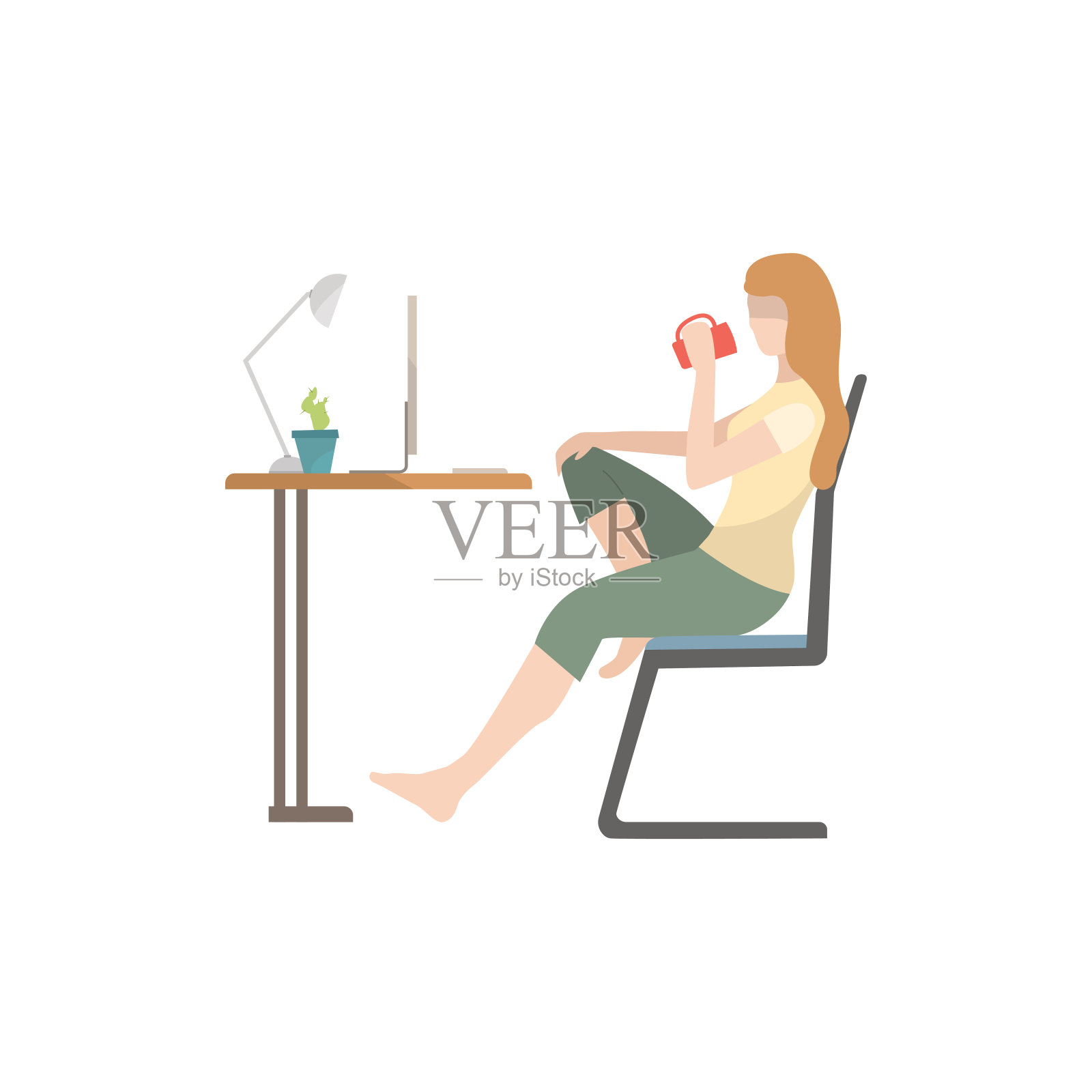 女人坐在桌边，喝茶，用电脑图标插画图片素材