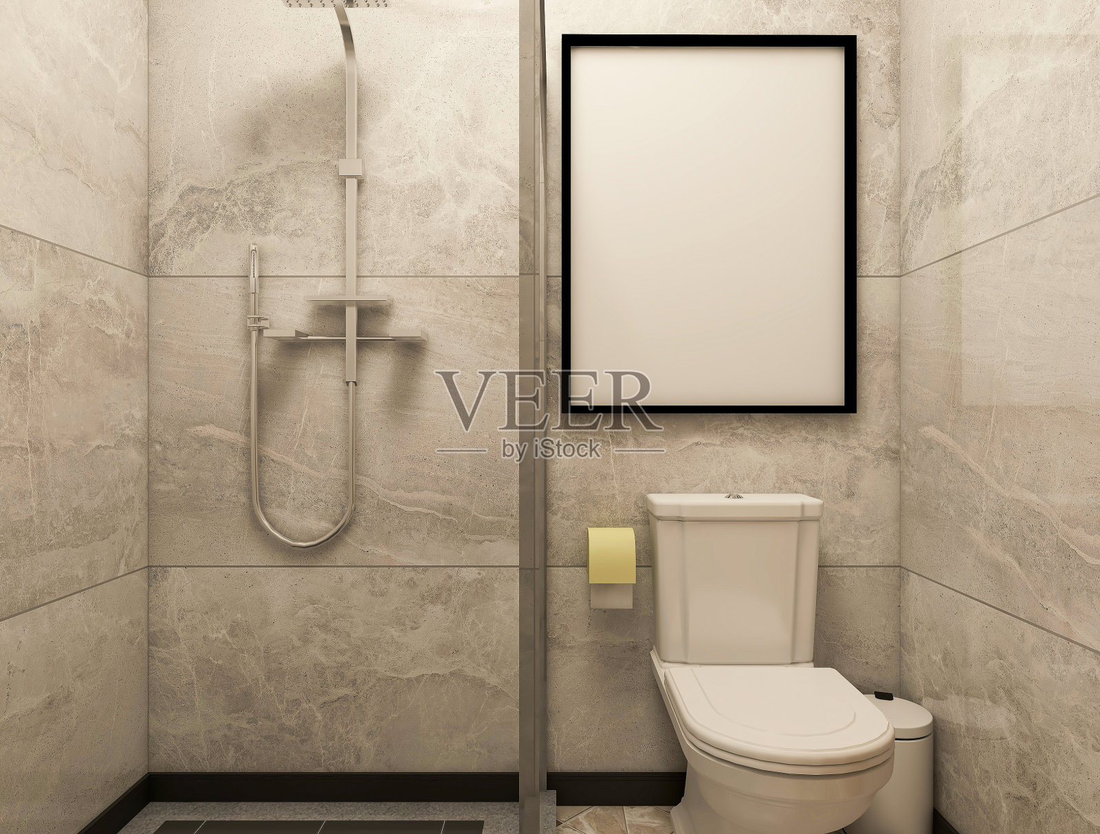 3D效果图，洁净现代住宅浴室及卫生间设计，配备盥洗台、卫生间、淋浴设备等。照片摄影图片