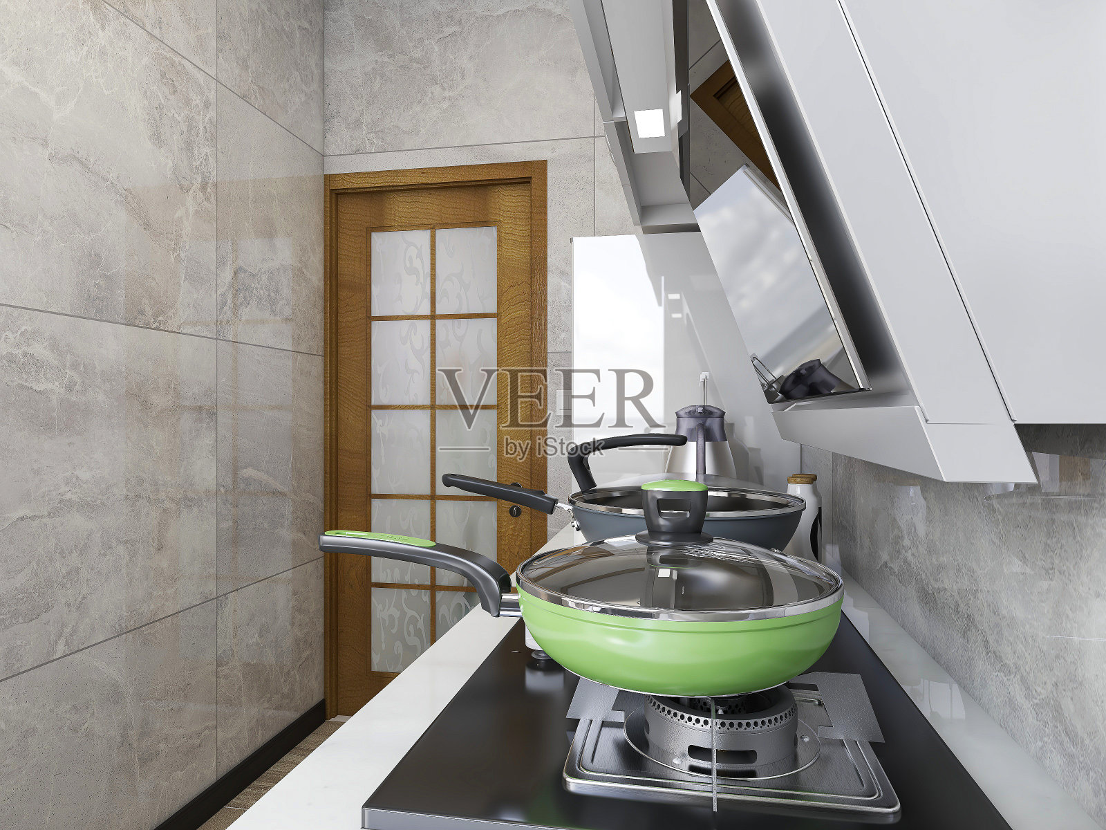 3D效果图，现代家庭厨房设计，新橱柜和带有冰箱的厨房用具，阳光透过窗户。照片摄影图片
