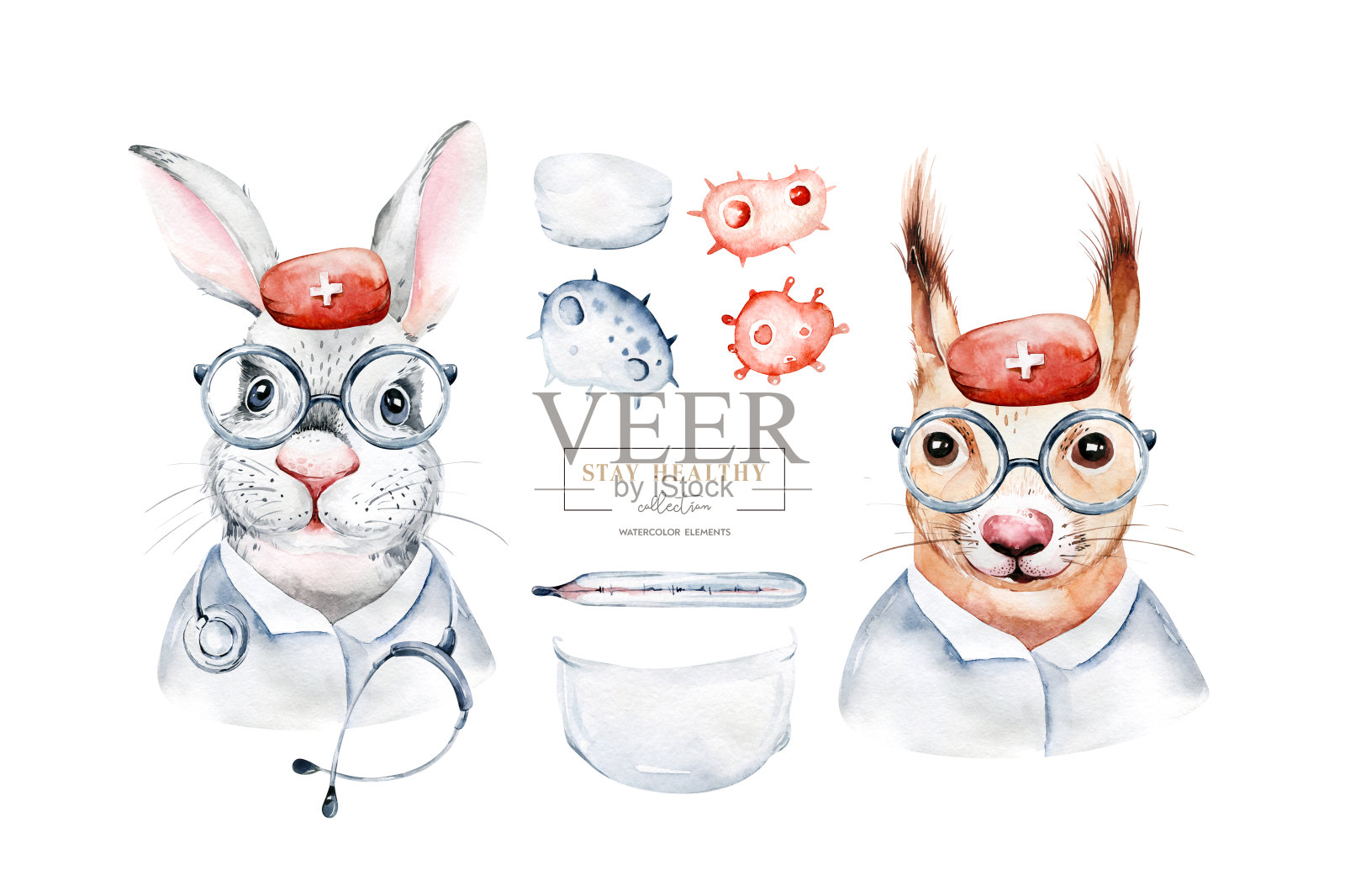 松鼠兔子动物可爱的医生水彩儿童插图孤立在白色的背景。医疗儿童设计。感染防护传染病口罩。医生的诊所插画图片素材