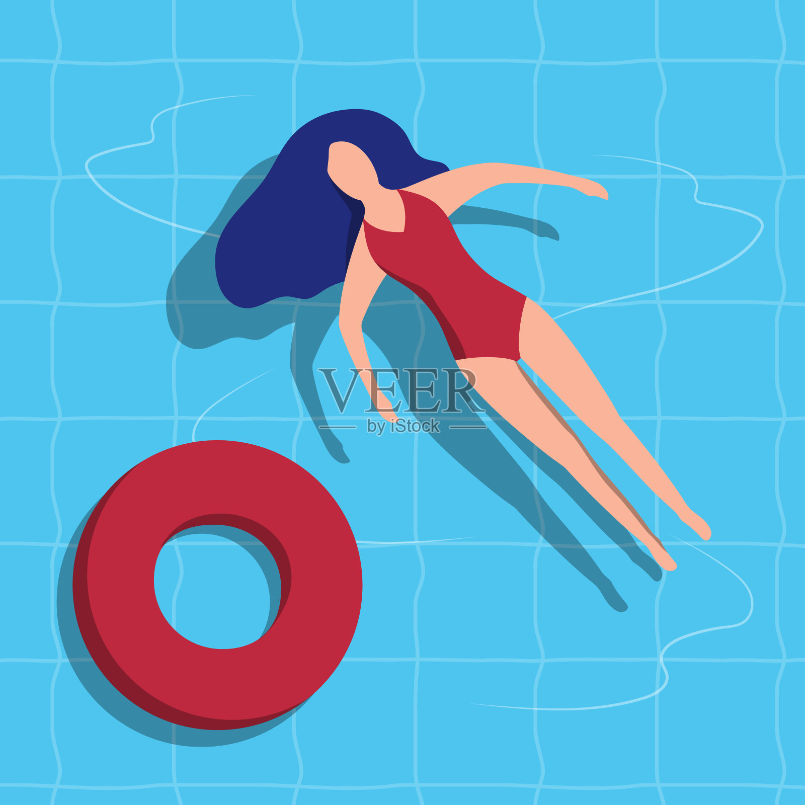 手绘的图案是一个女孩在游泳池里发抖。矢量孤立的背景与妇女日光浴在泳衣在水。夏天时间模板。插画图片素材