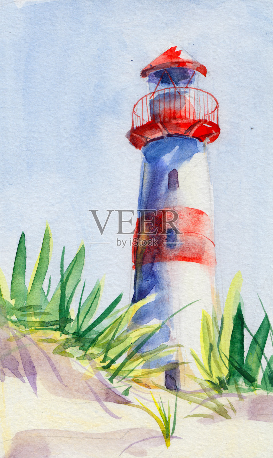 灯塔水彩插图手绘。一个灯塔在沙丘的岸边的草丛中。可用于卡片或背景。设计元素图片