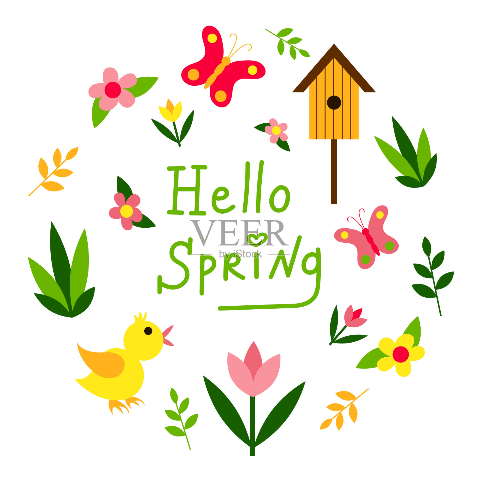 弹簧组。鸡，蝴蝶，花，植物，小树枝，鸟窝。刻字你好春天。平面设计。插画图片素材