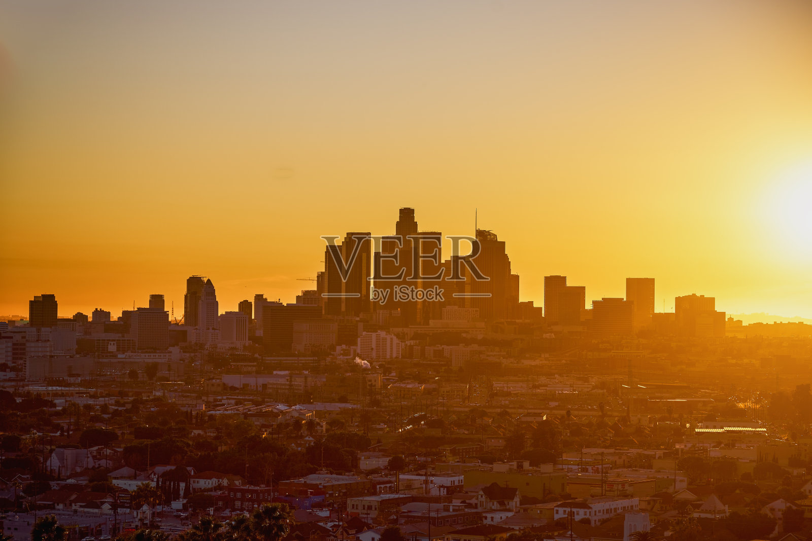 日落时分的洛杉矶市区天际线照片摄影图片