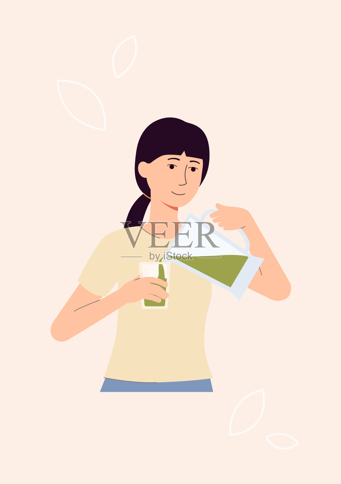 健康饮食的女人把绿色奶昔从搅拌机倒到杯子里插画图片素材