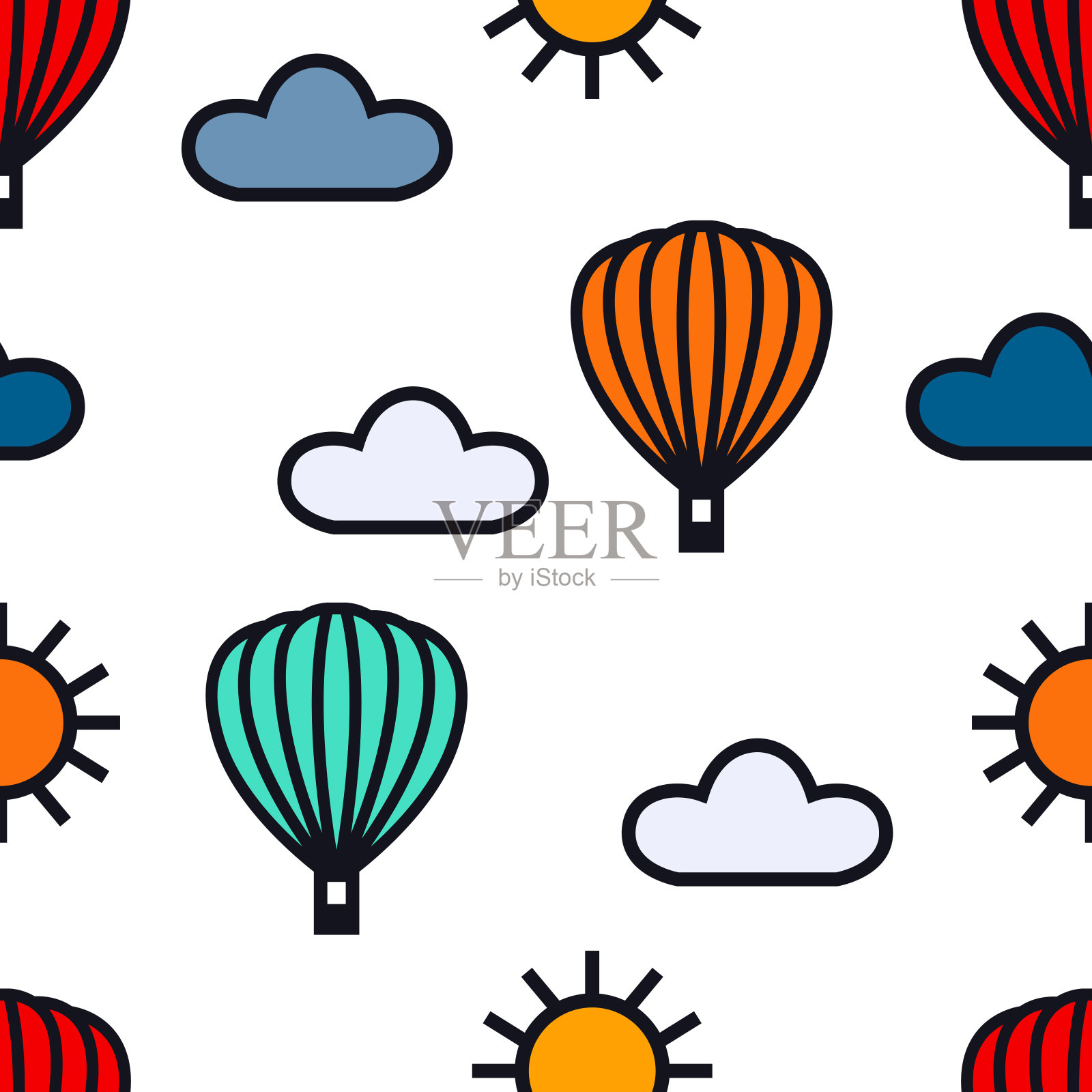 夏季时间热气球，云彩和太阳无缝模式矢量插图插画图片素材