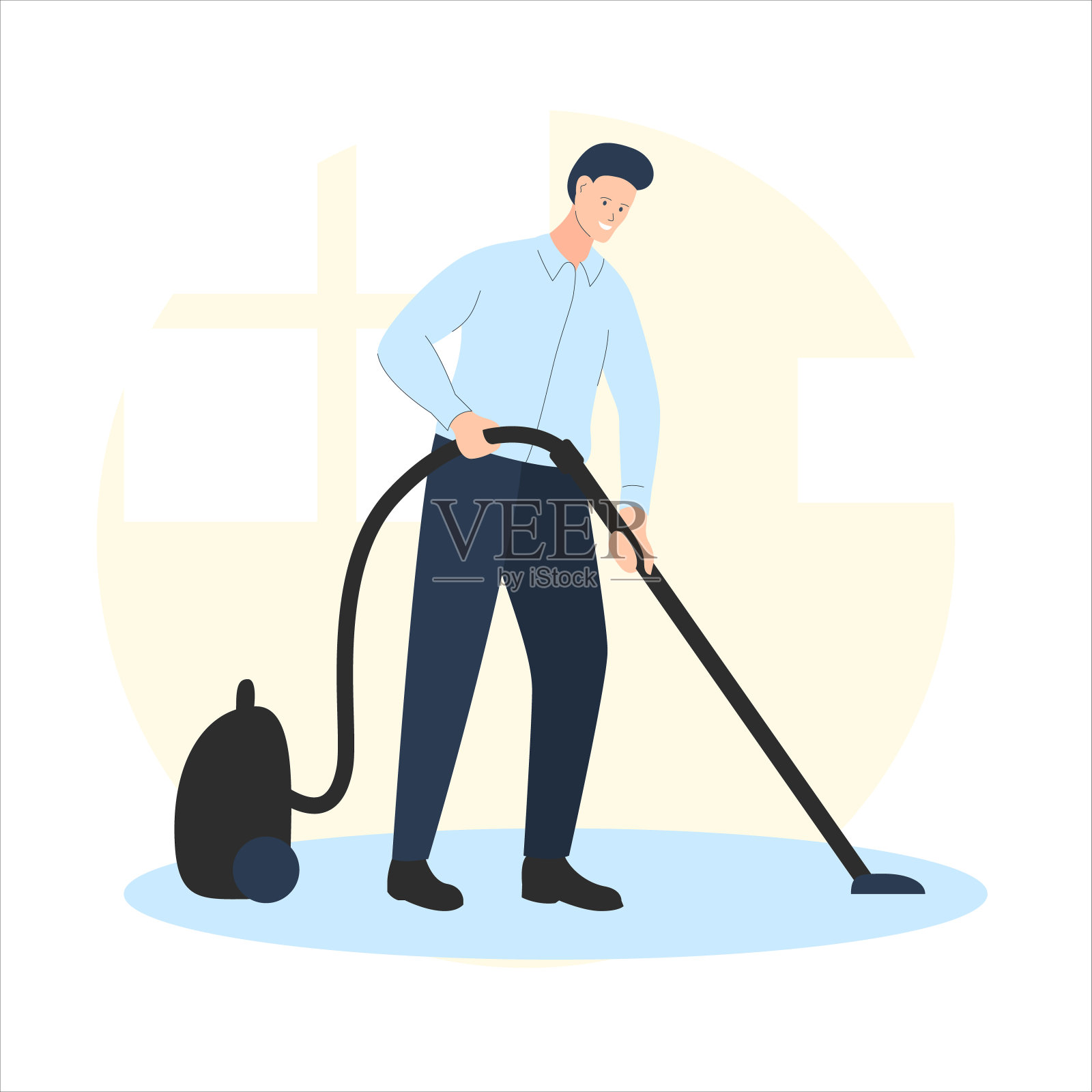 矢量插图的一个微笑的男子打扫房间与真空吸尘器。它代表了清洁、隔离和呆在家里的概念插画图片素材