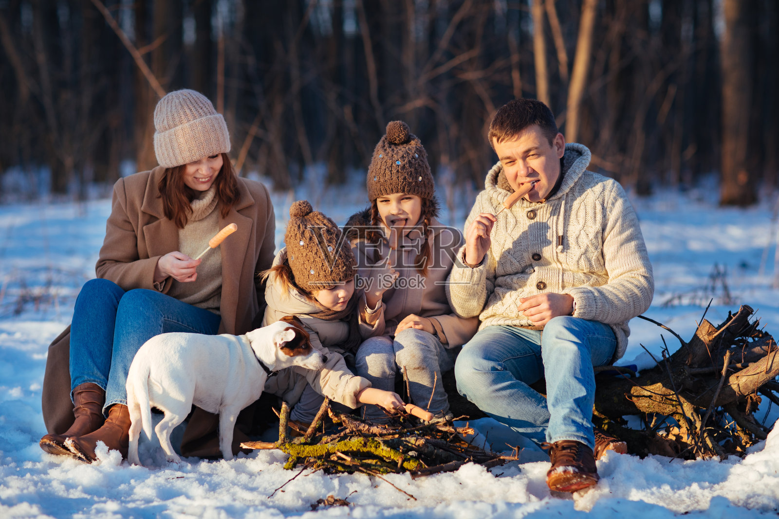 冬天全家人都在篝火上烤小鸡照片摄影图片