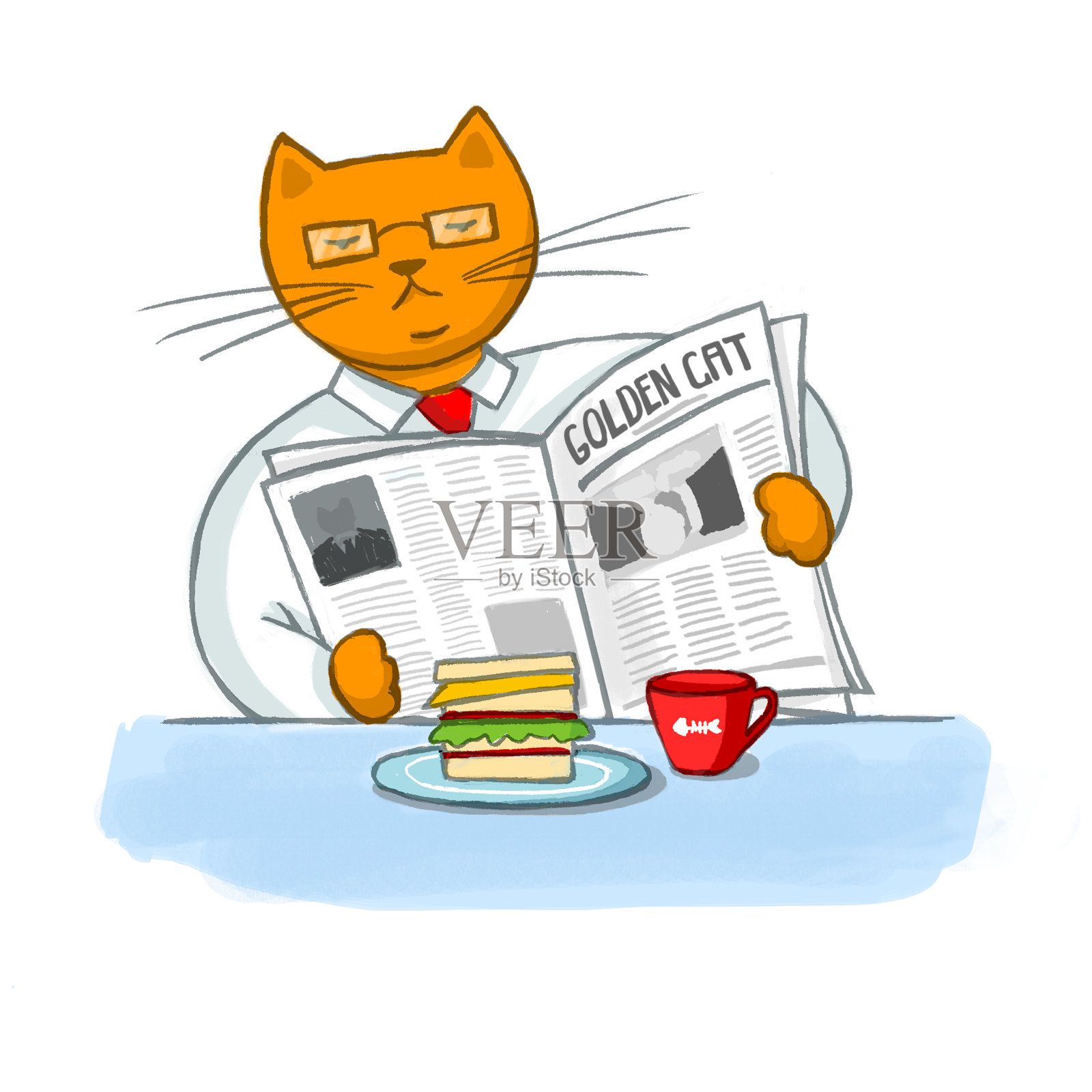 卡通商业猫在看报纸。有趣和漂亮的动物插图设计，书籍设计，儿童，卡片等。插画图片素材