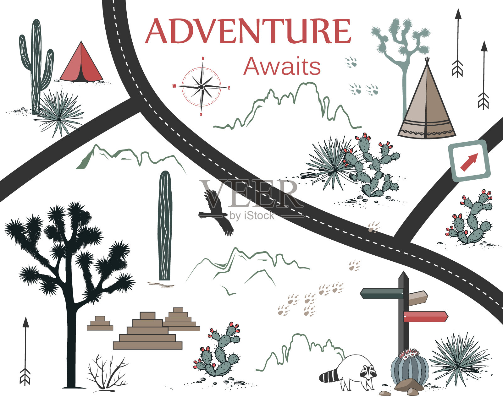 道路，山脉和仙人掌冒险地图。带有美国原住民部落元素的印刷或海报设计。矢量图插画图片素材