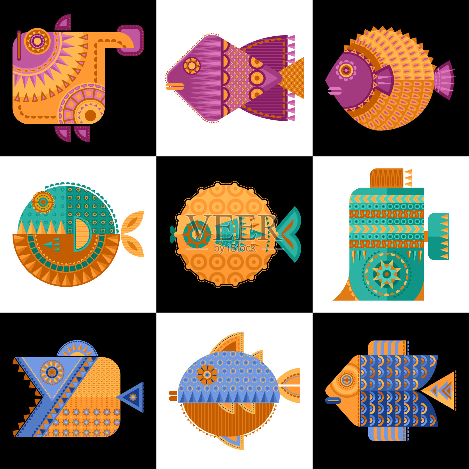 一套9多色装饰鱼在几何风格。插画图片素材