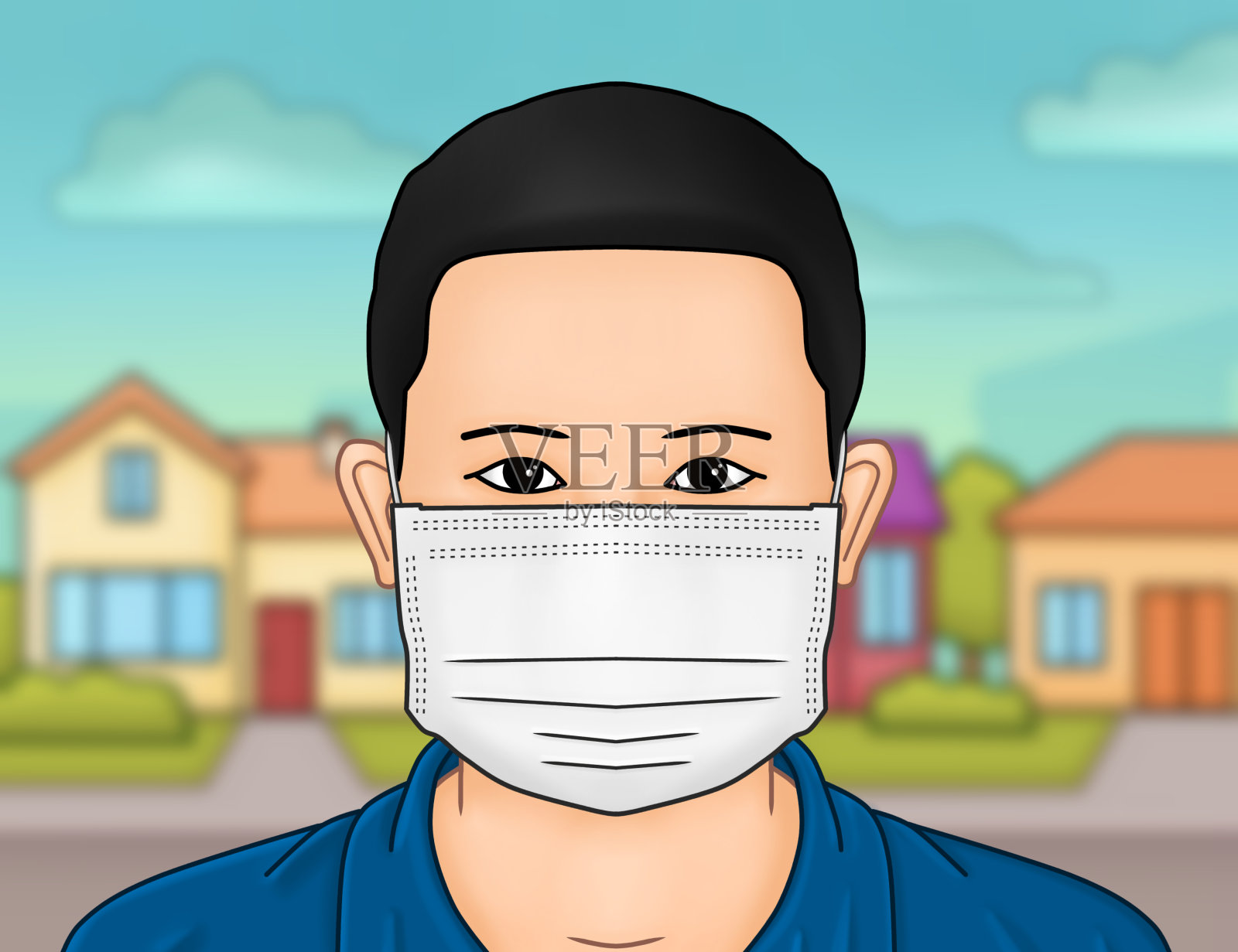一名被隔离和隔离的男子戴着口罩以保护自己免受冠状病毒感染插画图片素材