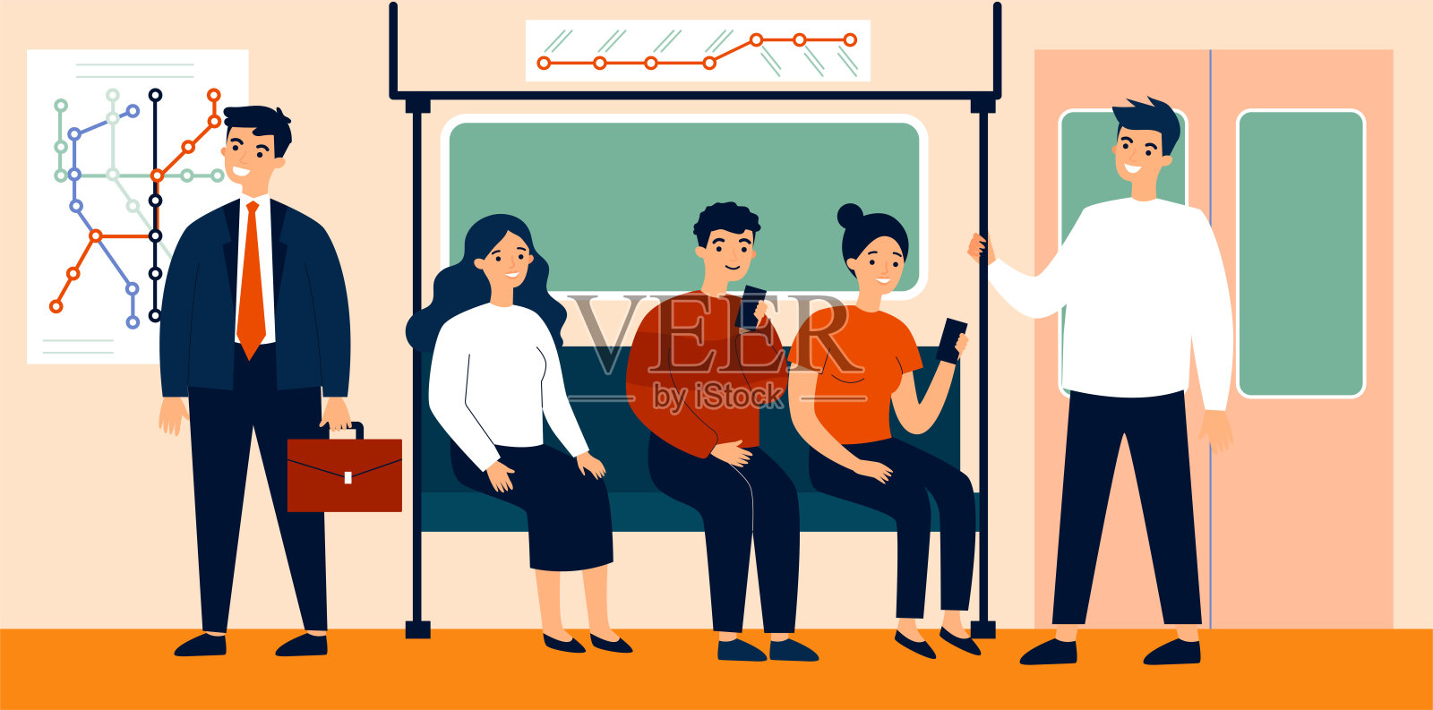 地铁乘客乘坐平面矢量图插画图片素材
