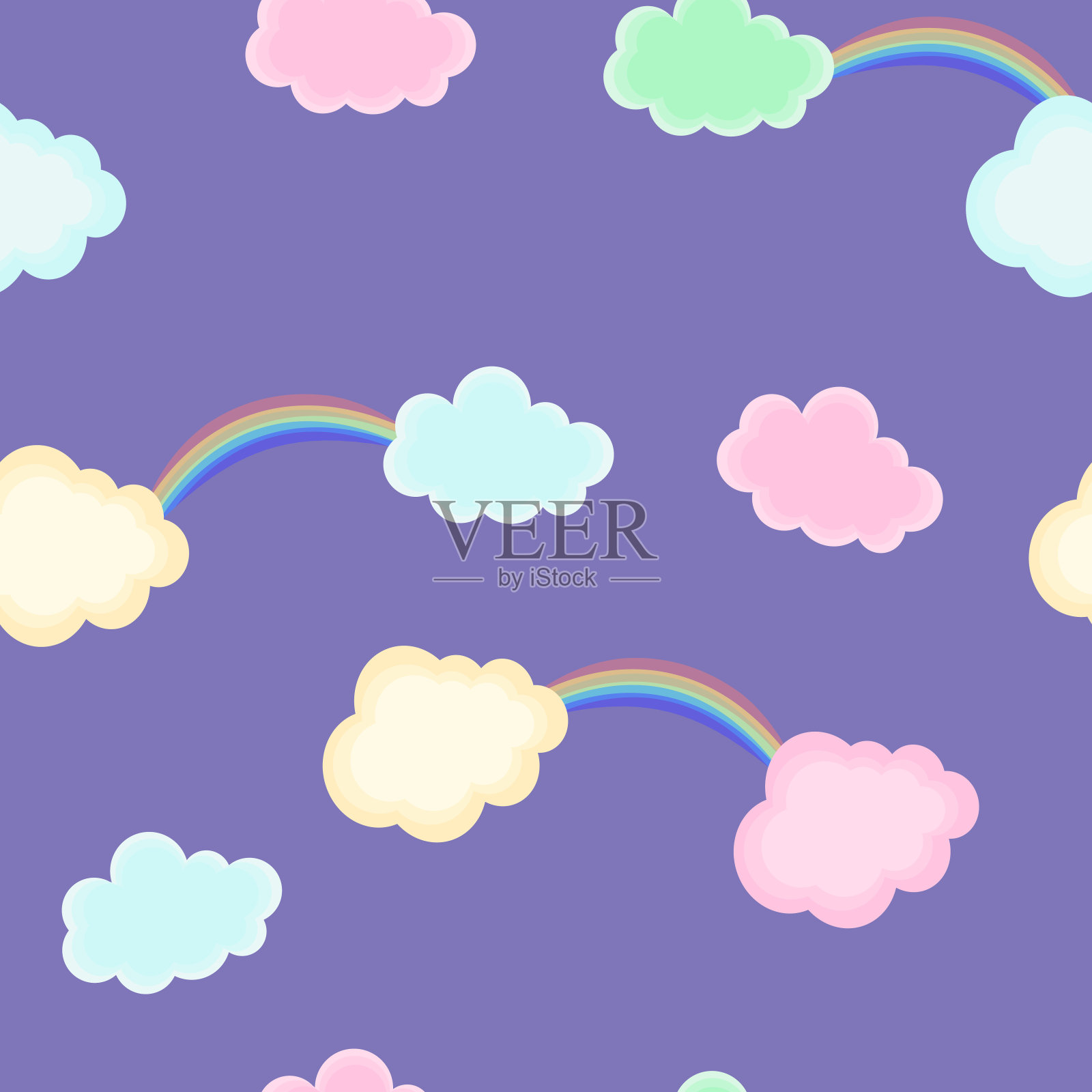 矢量无缝模式与云彩和彩虹在紫色的背景。插画图片素材