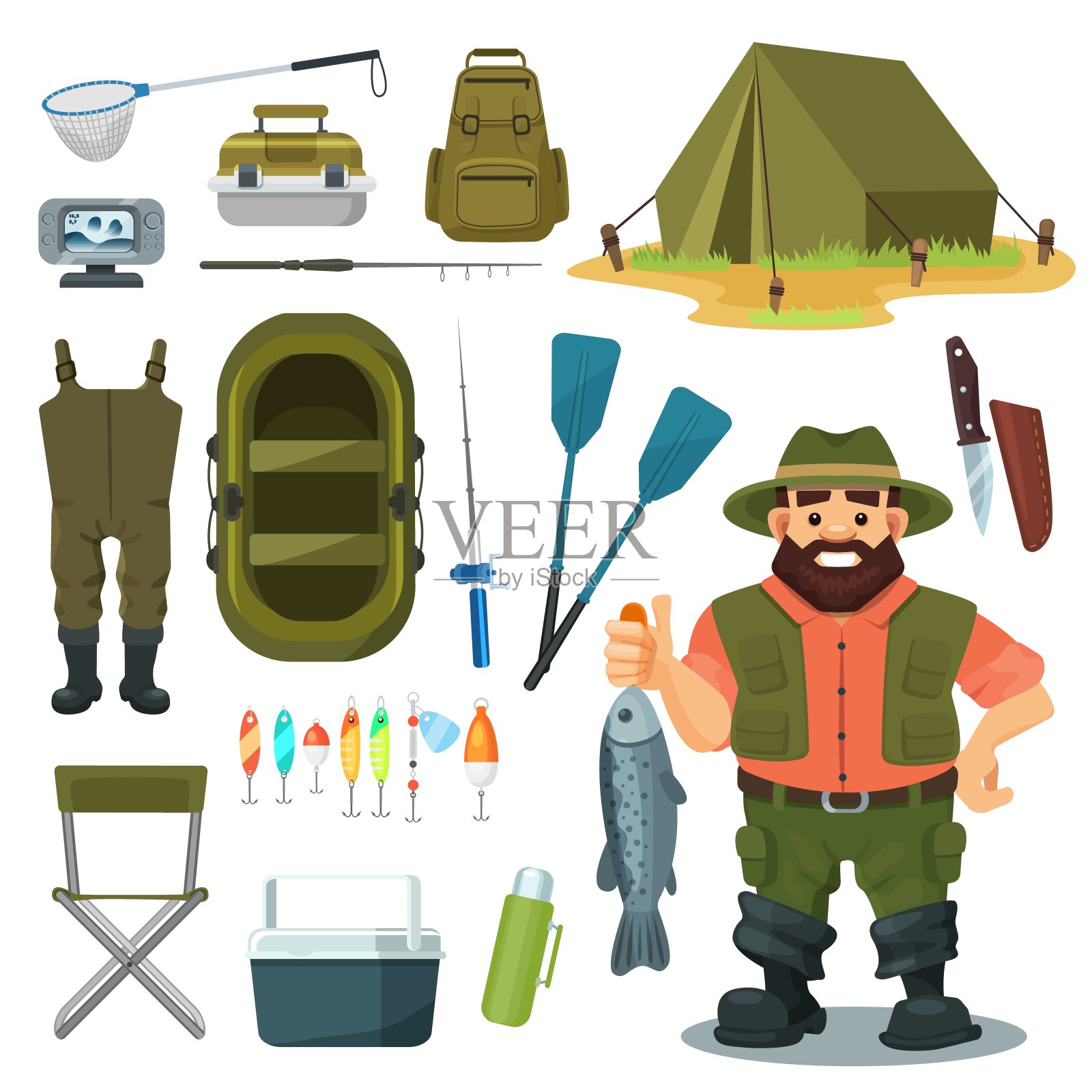 钓鱼设备渔夫矢量插图集，人物与捕获鱼，户外露营装备，露营图标孤立在白色插画图片素材