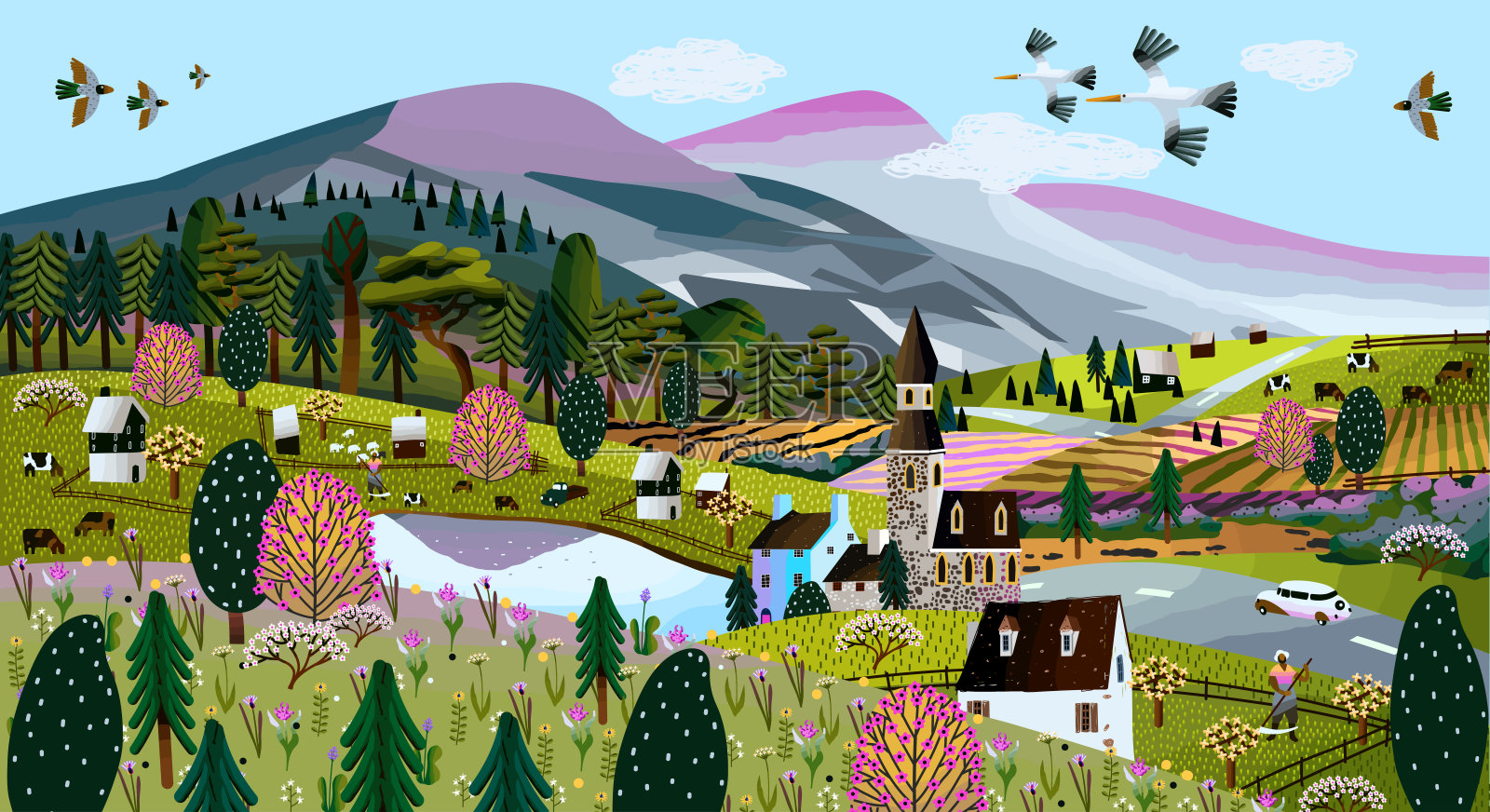 大自然。矢量插图的夏季和春季景观，山，树木，森林，房屋，教堂，教堂和村庄。画一个欧洲村庄和一个村庄作为海报或背景插画图片素材