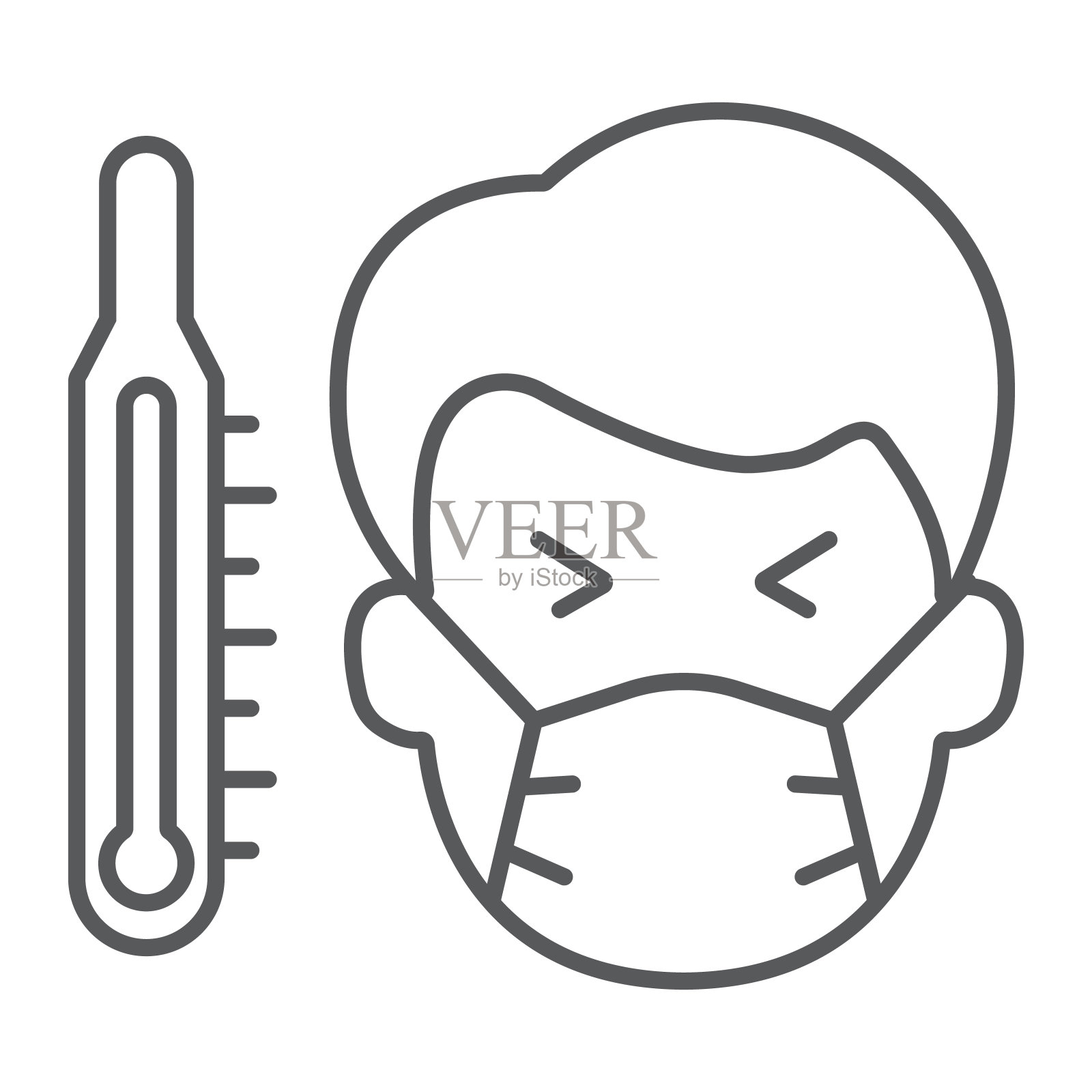 体温计上的病人细线图标、covid-19和冠状病毒、高温标志、矢量图形、白色背景上的线性图标，eps 10。设计元素图片
