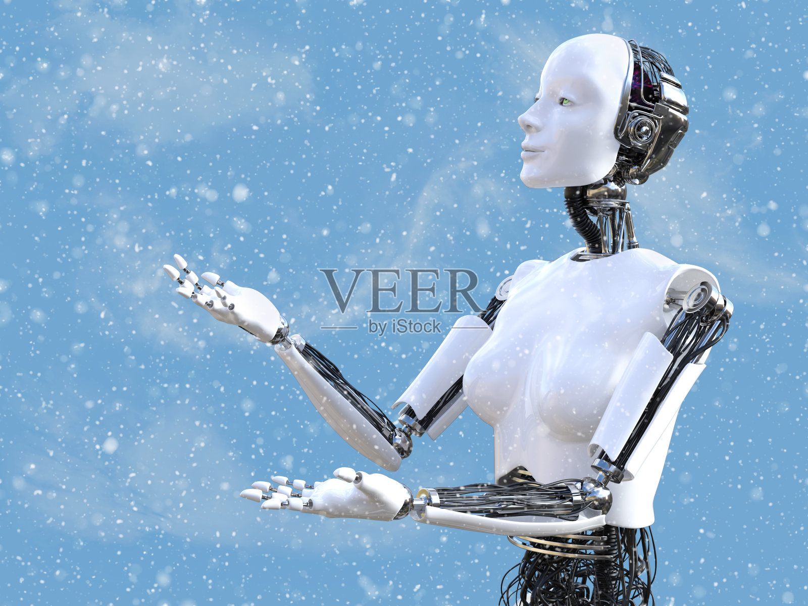 雪中女性机器人的3D渲染。照片摄影图片