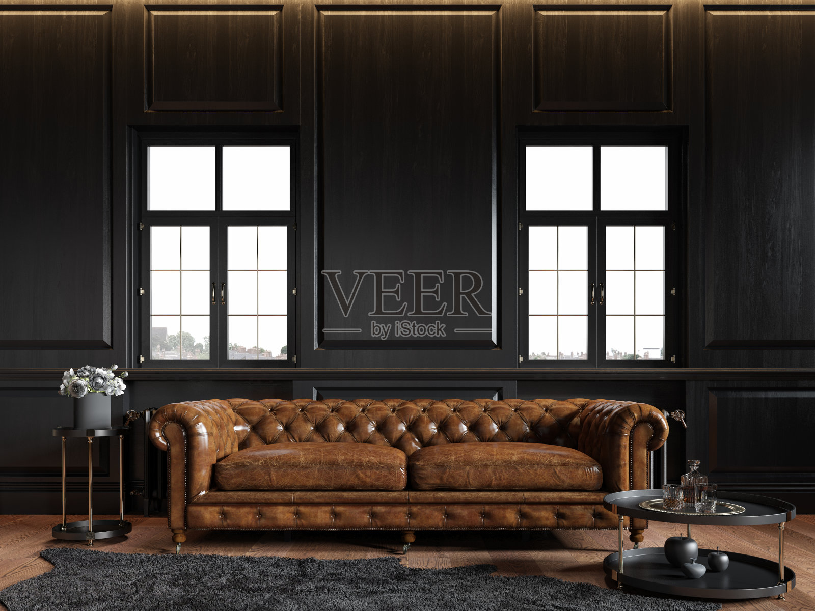 经典的阁楼黑色内饰木板，切斯特菲尔德沙发，地毯，花，咖啡桌和窗户。3d渲染插图模拟。照片摄影图片
