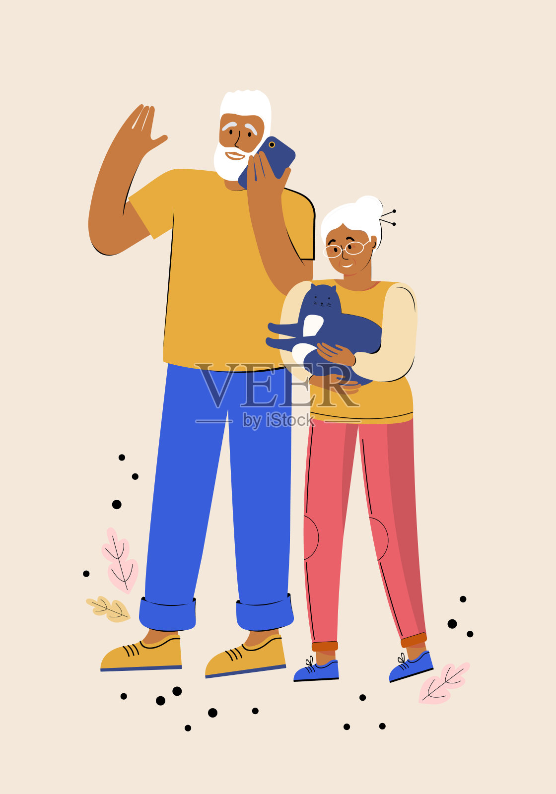 老夫妇。两个快乐的老年情侣花时间在一起。带着宠物散步的老年人。男人正在讲电话。一个女人怀里抱着一只有趣的猫。矢量插图在平面卡通插画图片素材