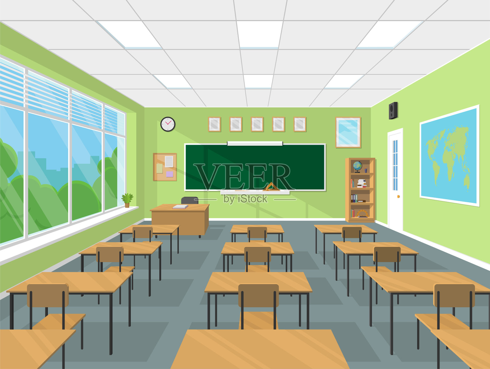 学校或大学教室内部备有黑板、教师桌子、课桌、学习用品等。平面设计矢量图插画图片素材