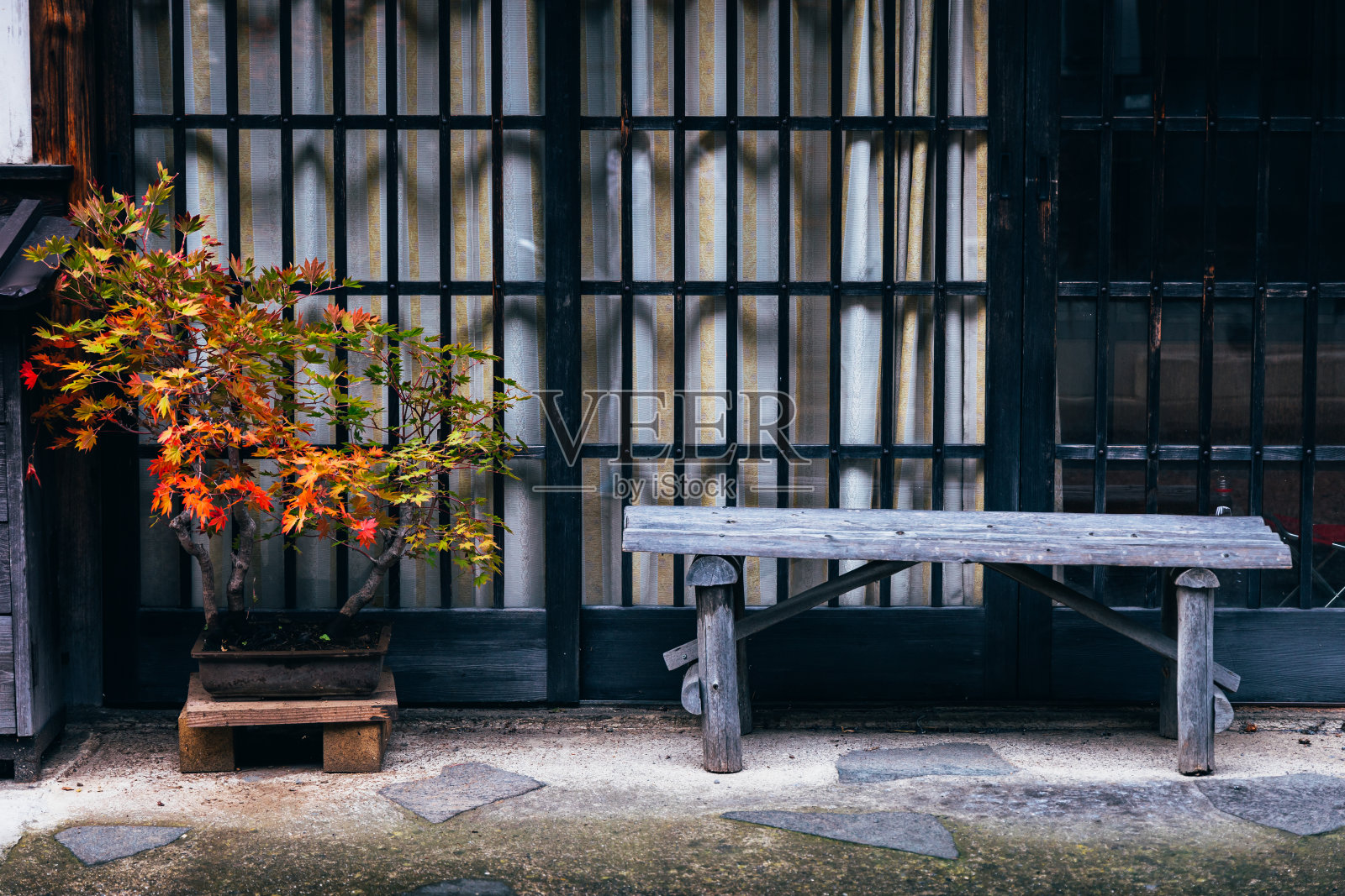 日本房子外的红枫树和老木凳照片摄影图片