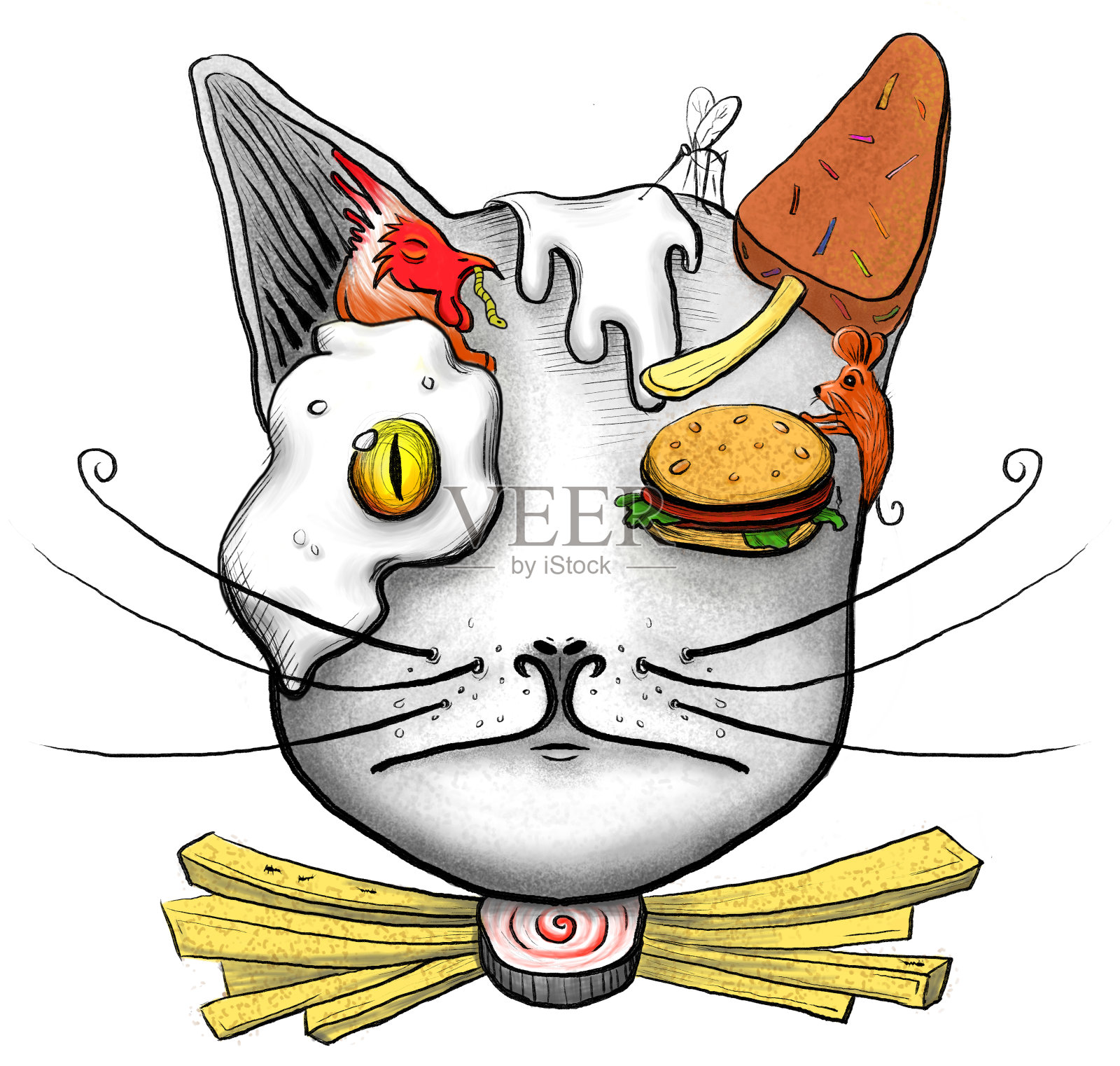 有趣的猫肖像与快餐概念。插画图片素材