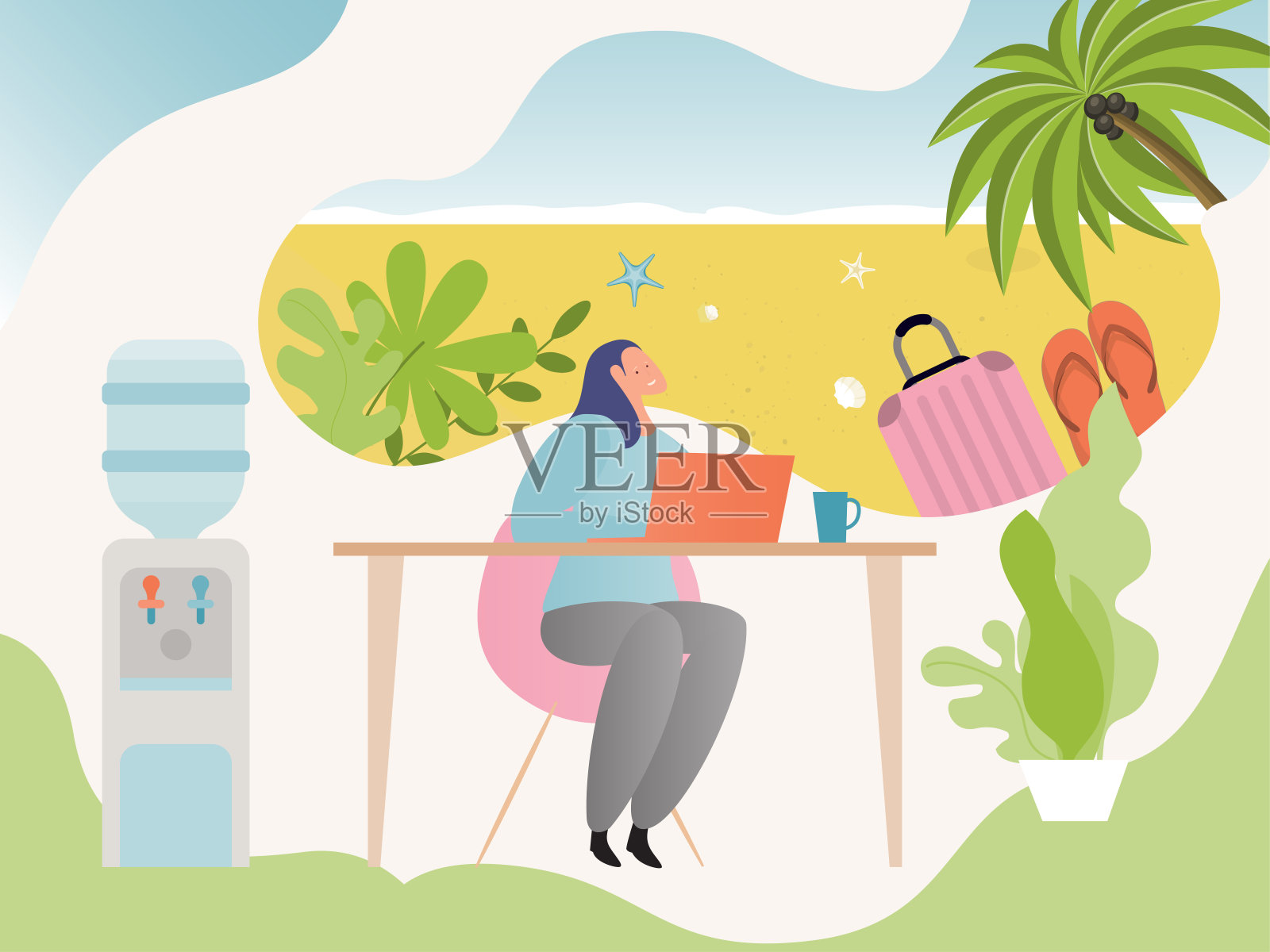 旅游规划矢量插图，卡通扁平快乐女人人物使用笔记本电脑为夏季冒险计划，梦想海滩度假插画图片素材