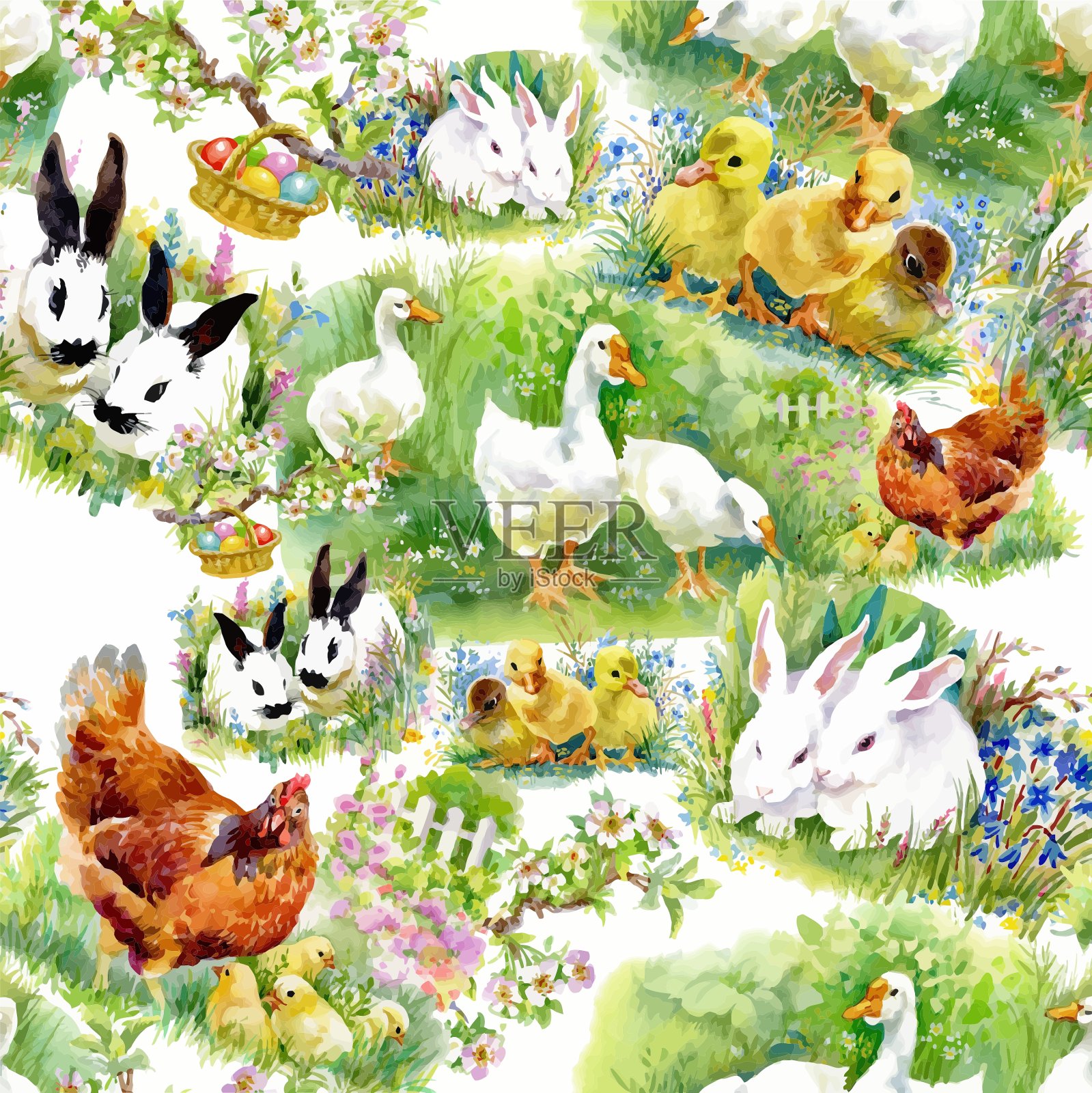 毛茸茸、可爱的水彩画小鸭子、小鸡插画图片素材