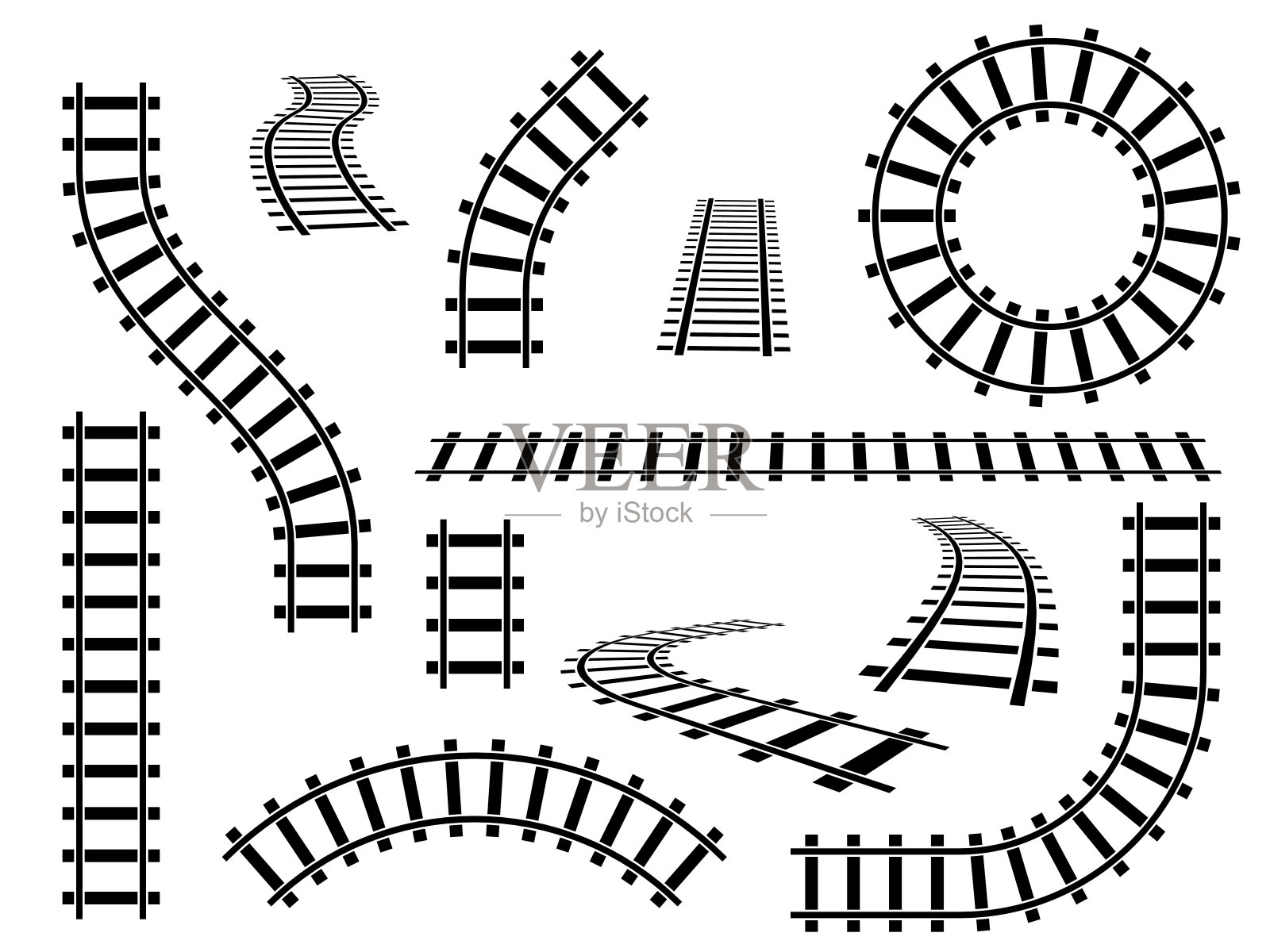 铁轨。直、波浪形和弧形轨道铁路俯视图，梯子要素。钢筋铺设，施工隔离矢量集插画图片素材
