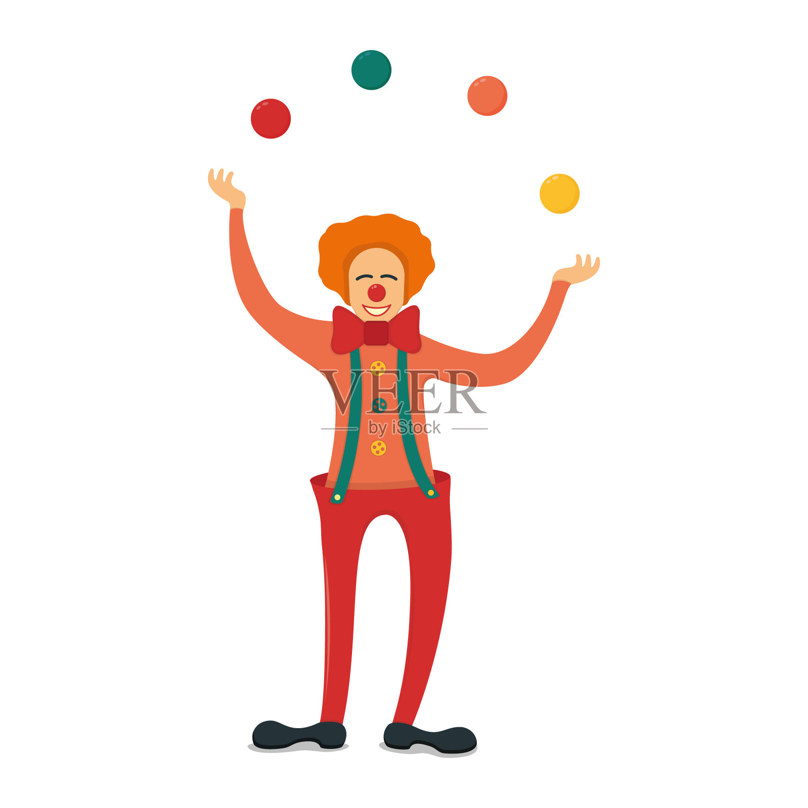 开朗的小丑站在杂耍彩色球，人物男小丑孤立在白色，平面矢量插图。马戏团表演秀插画图片素材