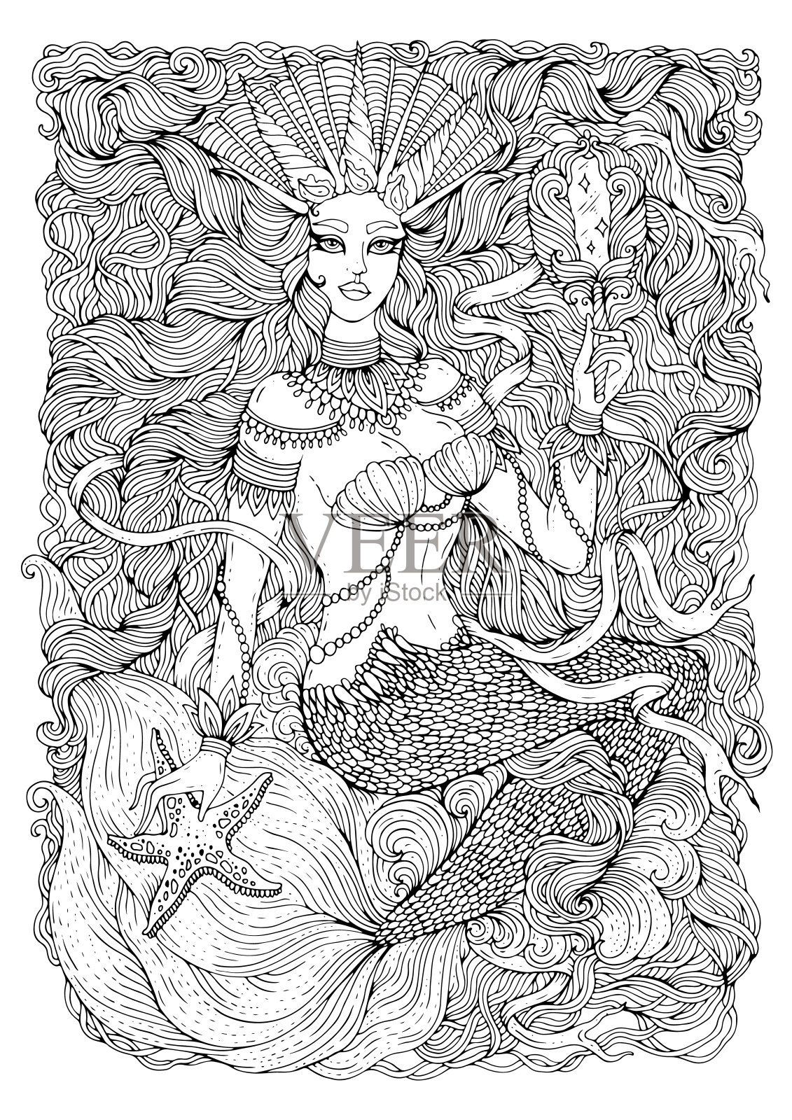 矢量画神奇的海美人鱼与发展长波浪的头发。戴着皇冠的海女王手持一个图案魔镜。装饰图形插图童话故事神话人物。涂色页海仙女。插画图片素材