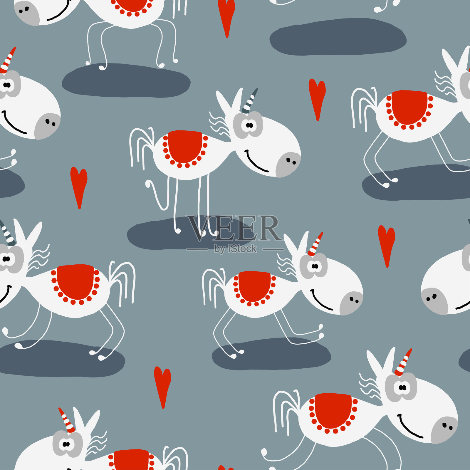 无缝图案插图白色独角兽和红心在绿松石背景插画图片素材