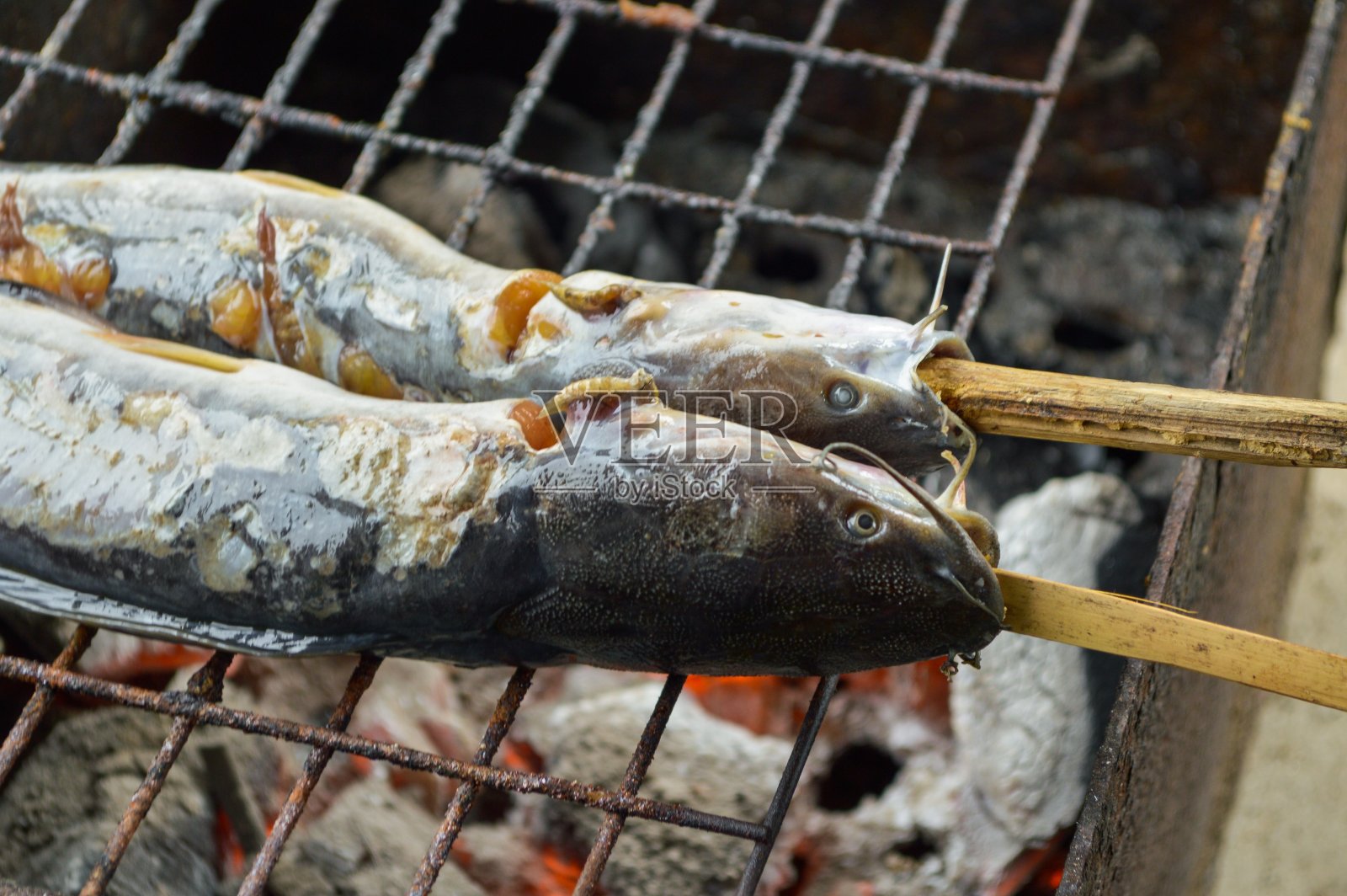 鲶鱼是用木炭烤的照片摄影图片