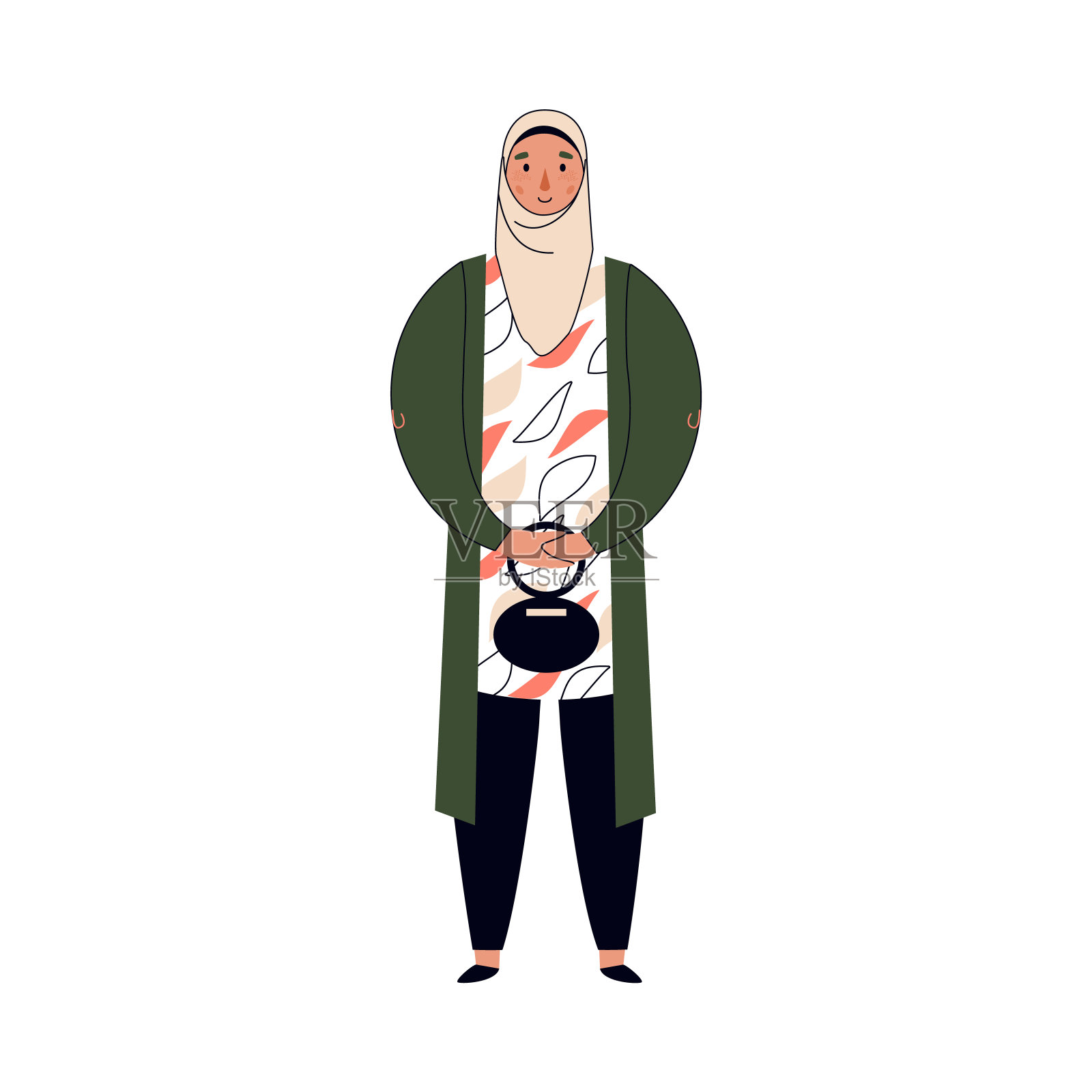 漫画中的穆斯林妇女戴着头巾站着微笑插画图片素材