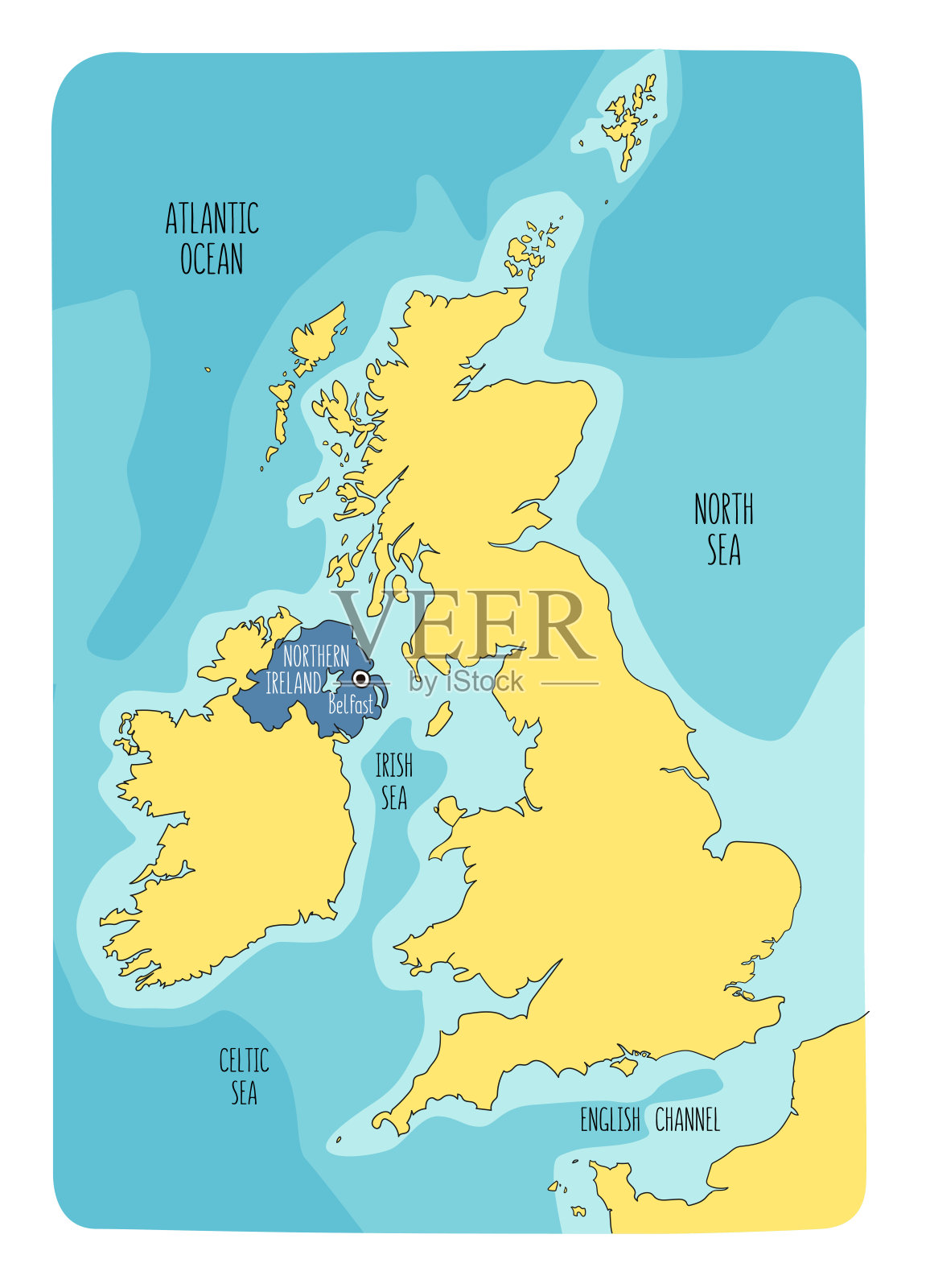 北爱尔兰和不列颠群岛手绘地图。插画图片素材