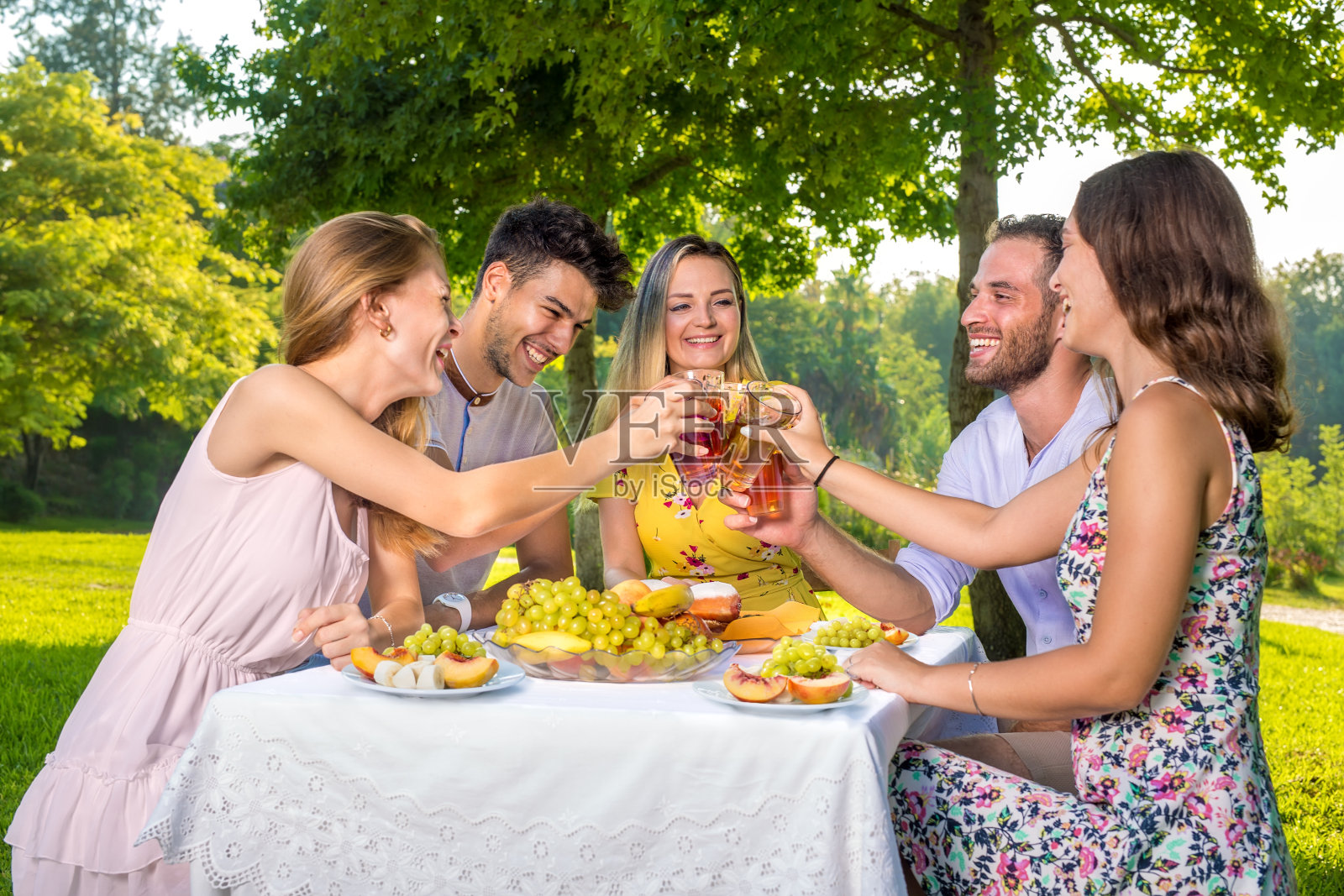快乐年轻的五名青少年朋友享受野餐派对在公园。照片摄影图片