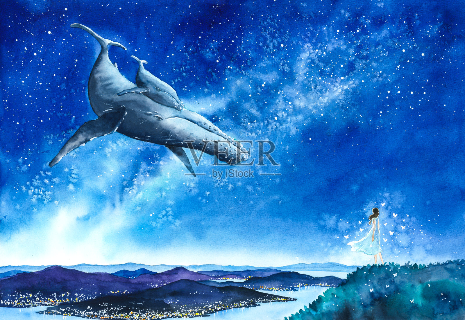 水彩画-与鲸鱼的对话插画图片素材